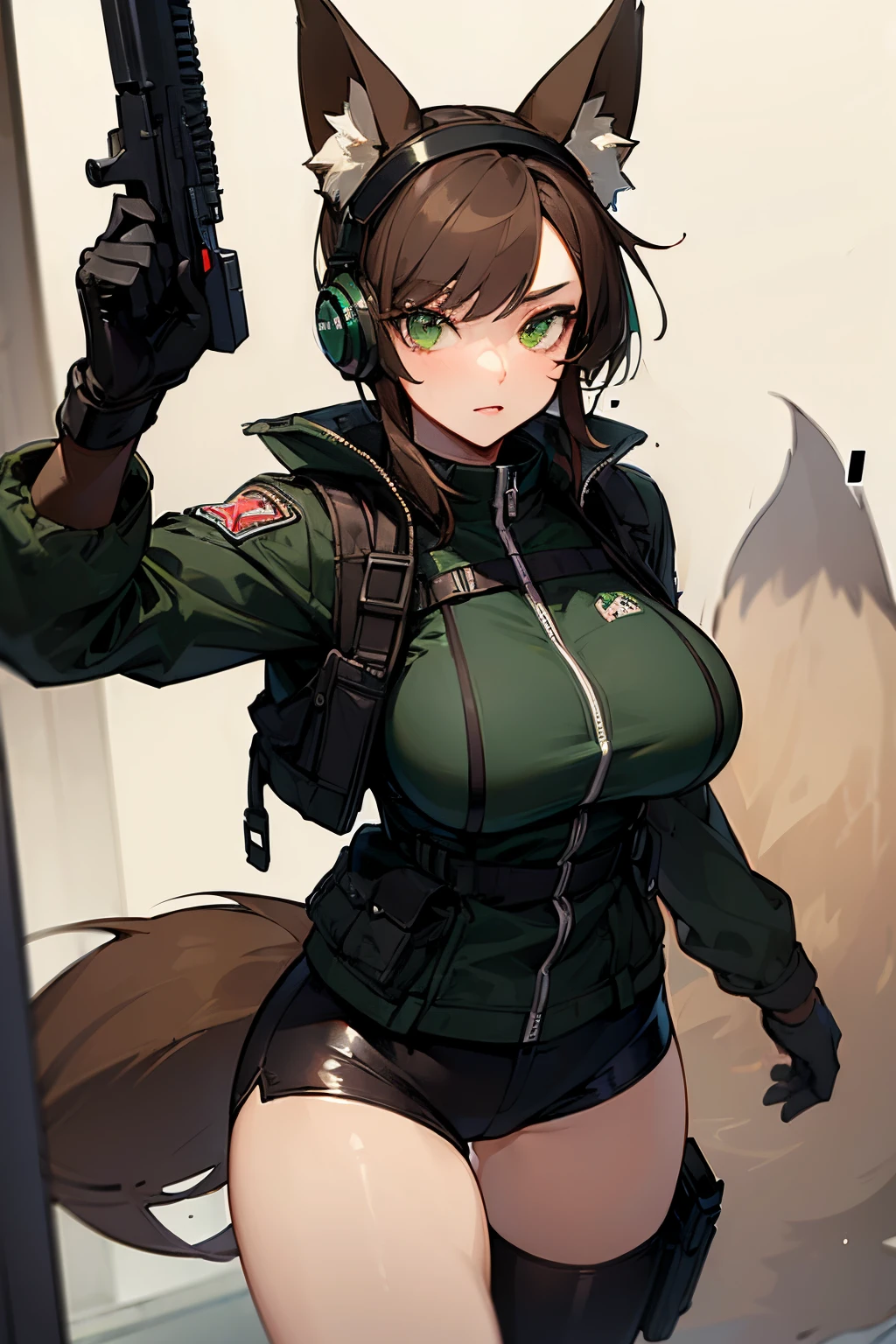 (Masterpiece: 1.5), (Best Quality: 1.5), (Perfect Face), 1 Woman, Mature Woman, Fox ears, Fox tail, green eyes, dark brown hair, big breasts, tactical gear, gun, spandex black shorts, tactical jacket, headset, gloves,