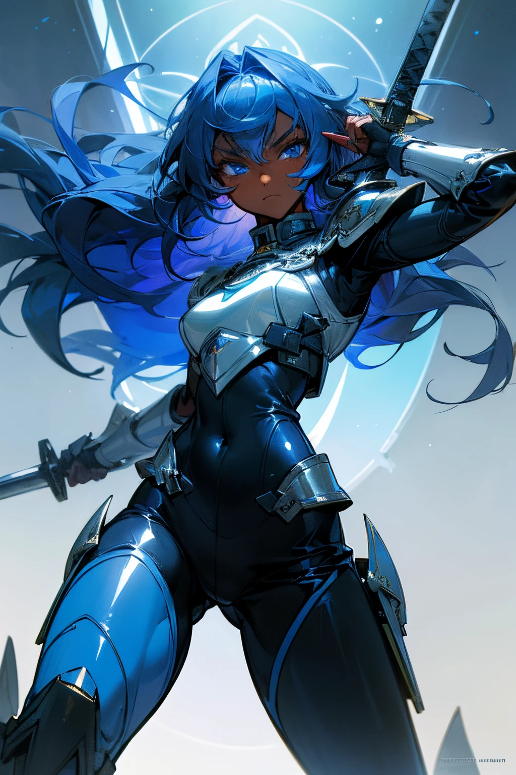 (((Masterpiece, highest quality, high definition, high detail))), (Dark skin elf), (Dark elf) , 4k, highly detailed, anime style, HDR, subsurface scattering, Bright blue lights, blue children, bright details, 1 girl , strong, muscular, navy blue hair, Bright wavy hair, Bright hair, long hair, long Bright hair, navy blue eyes, Bright eyes, great sword, sword in hand, a tomboy girl, pretty face, closed clothing, leather pants, battle armor, paladin, crusader.
