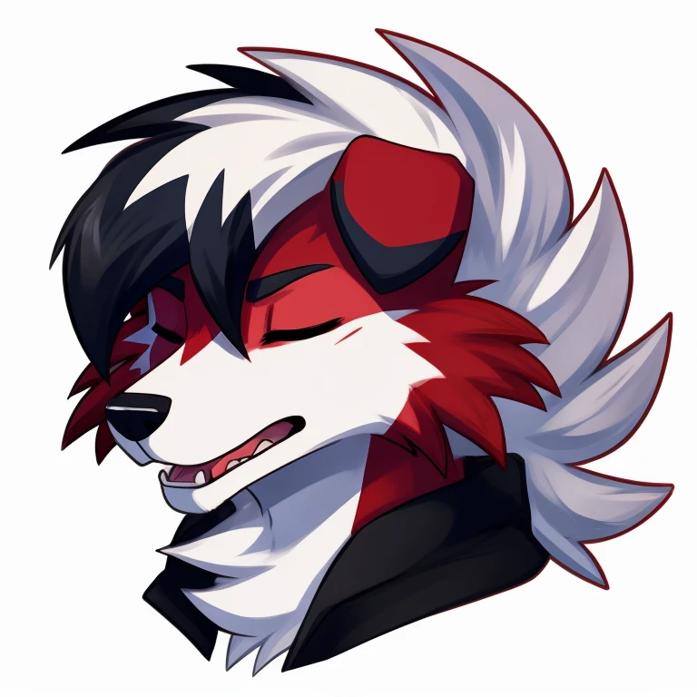 anthropomorphic, male, midnight Lycanroc, red eyes, detailed eyes, fluffy, tired, yawning, eyes closed, headshot, sticker, white background