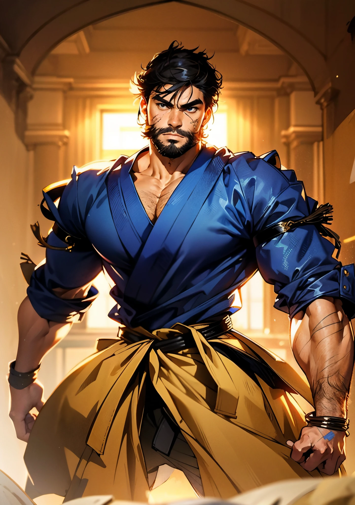 A middle-aged man around 50, short black hair tinged with white, a vertically upright hairstyle, thick eyebrows, round and large eyes, scars are present on the eyes and the bridge of the nose, a full beard, a muscular and robust physique, loose martial arts-style robes, rolled-up sleeves, cloth wrist guards, a linen belt around his waist, tattered hem, matching coarse fabric pants, the background is within a tidy dojo, this character embodies a finely crafted fantasy-realistic style martial artist in anime style, exquisite and mature manga art style, high definition, best quality, highres, ultra-detailed, ultra-fine painting, extremely delicate, professional, anatomically correct, symmetrical face, extremely detailed eyes and face, high quality eyes, creativity, RAW photo, UHD, 8k, Natural light, cinematic lighting, masterpiece-anatomy-perfect, masterpiece:1.5