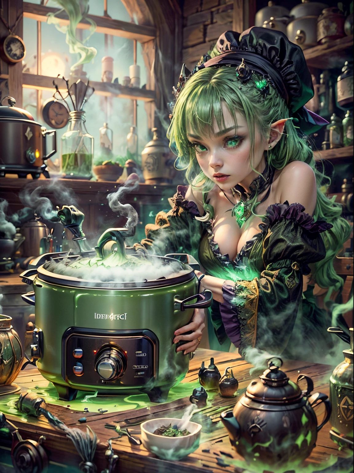 Weird and seductive witch in her alchemist&#39;s room, Perform alchemical magic with a steaming rice cooker filled with green glowing smoke, Eerie night background with full moon and window view, Dressed in traditional witch costume，((The strange and sinister rice cooker is filled with green liquid))，(UHD, masterpiece, ccurate, anatomically correct, textured skin, super detail, high details, high quality, award winning, best quality, 16k)