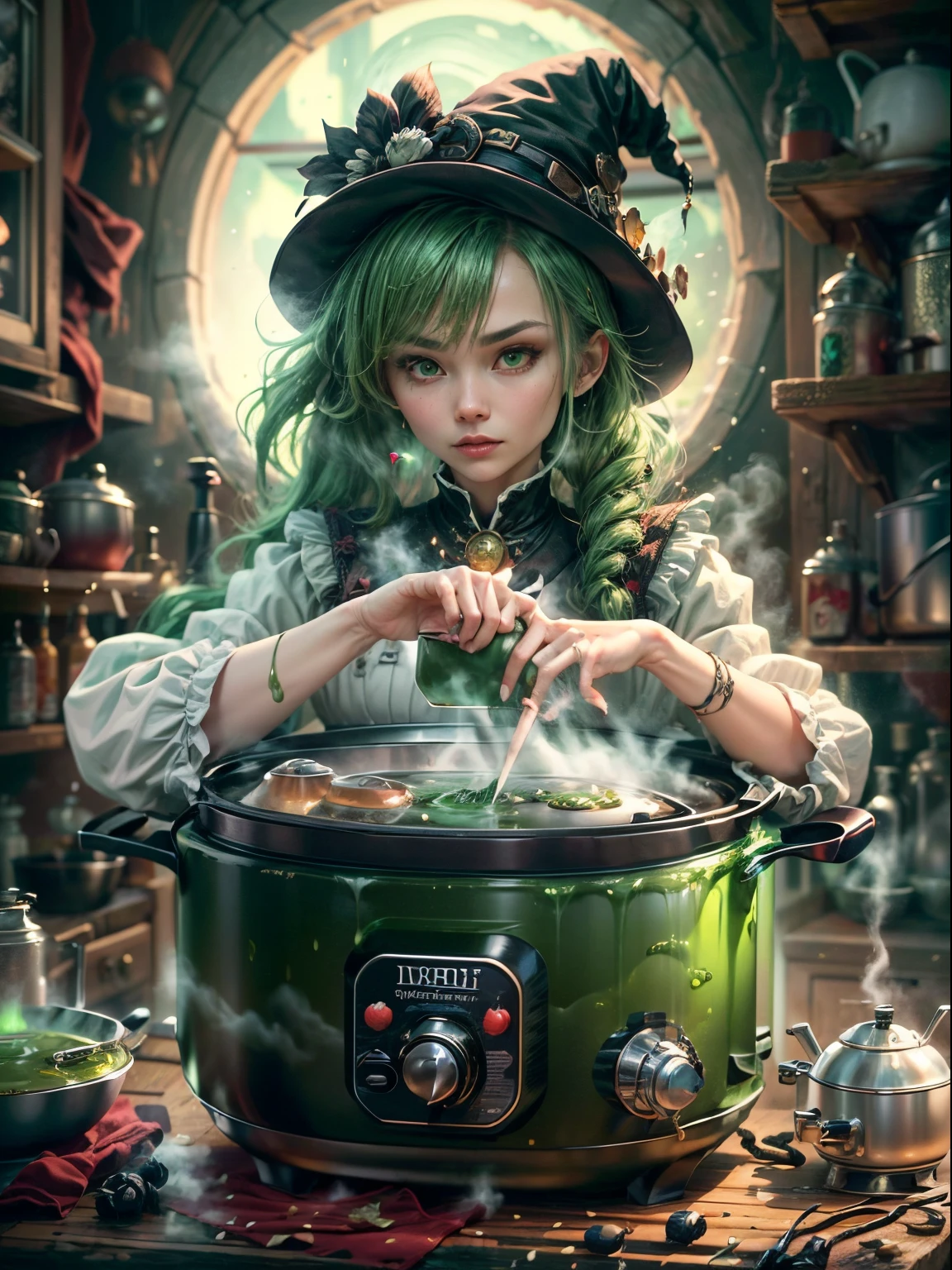 Weird and seductive witch in her alchemist&#39;s room, Perform alchemical magic with a steaming rice cooker filled with green glowing smoke, Eerie night background with full moon and window view, Dressed in traditional witch costume，((The strange and sinister rice cooker is filled with green liquid))，(UHD, masterpiece, ccurate, anatomically correct, textured skin, super detail, high details, high quality, award winning, best quality, 16k)