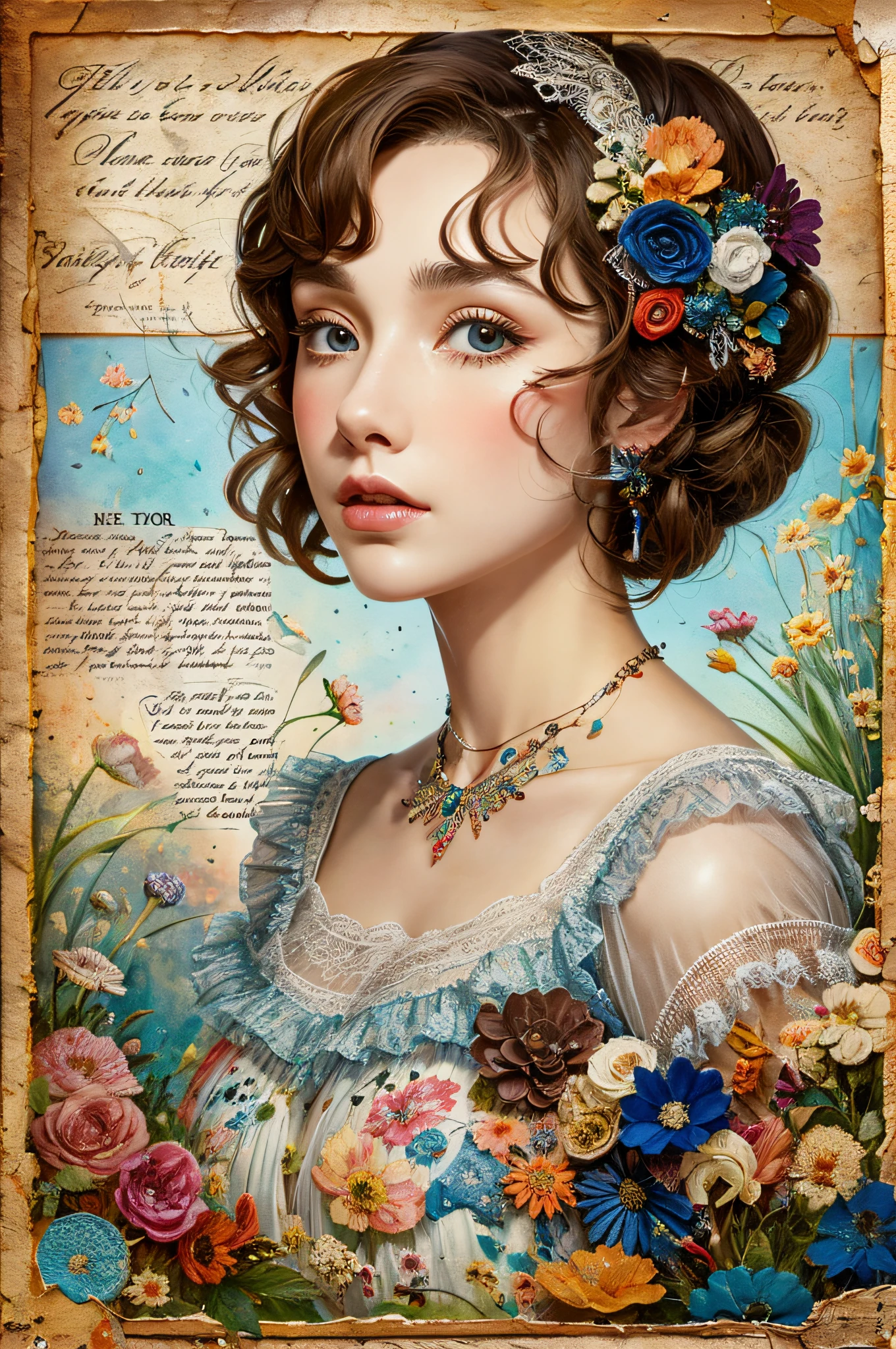 Super detailed alcohol ink painting of gorgeous girl, Made on top of a mixed-media masterpiece patchwork of stress-free vintage script paper, Ephemera, Torn cardboard, Vintage newspaper, Vintage sheet music, Wax Seal, Dress made of paper ruffles and life-size dainty lace, in the style of [Junk Journal, double exposure, Equal to the size of the body, Greg Simkins, Mark Davis, Oliver Jeffers, Andy Kehoe], Cinematic, Stunning, Highly detailed, 8K, dehazed