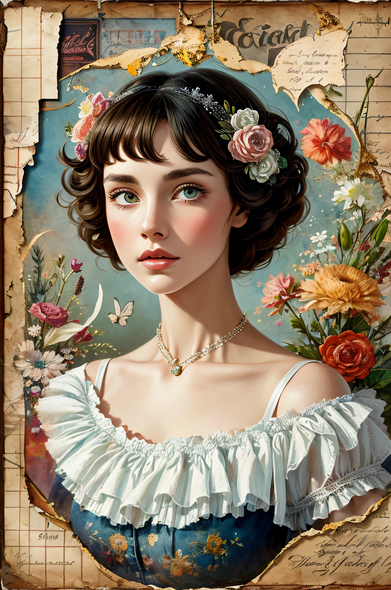 Super detailed alcohol ink painting of gorgeous girl, Made on top of a mixed-media masterpiece patchwork of stress-free vintage script paper, Ephemera, Torn cardboard, Vintage newspaper, Vintage sheet music, Wax Seal, Dress made of paper ruffles and life-size dainty lace, in the style of [Junk Journal, double exposure, Equal to the size of the body, Greg Simkins, Mark Davis, Oliver Jeffers, Andy Kehoe], Cinematic, Stunning, Highly detailed, 8K, dehazed