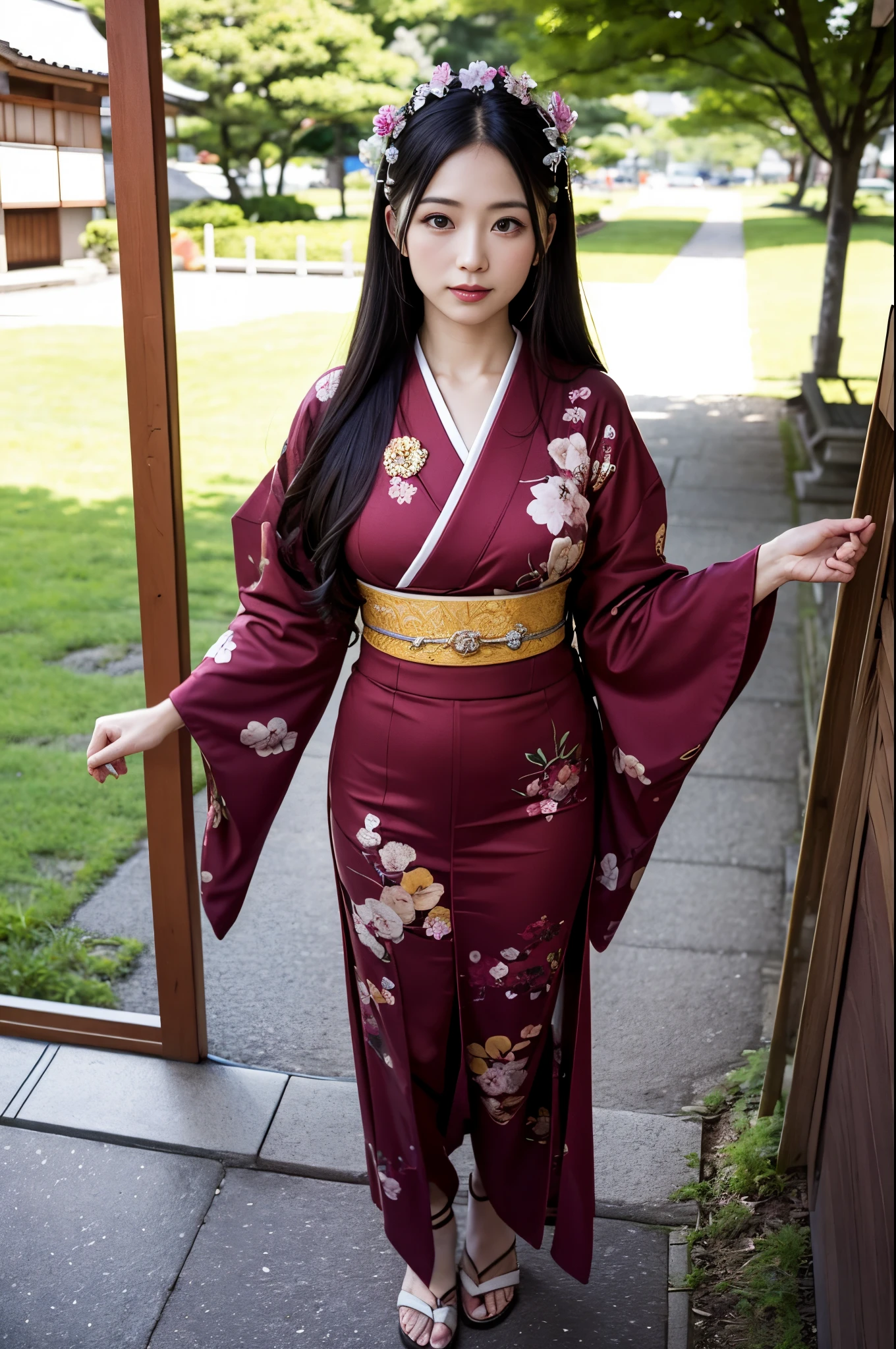 high quality, high resolution, Scenery of the city,Lots of girls,She is wearing a furisode kimono made of spandex fabric.,The girls in the background are all wearing furisode kimonos made of spandex.,全ての振袖は腰から下が腰まで切れ上がった超High legレオタードになっている,Wearing black shiny stockings,The color of the kimono is random,Heavy brainwashing makeup,Dark eyeshadow,Shiny red lipstick,Long-sleeved leotards are everyday wear,High leg,Bite