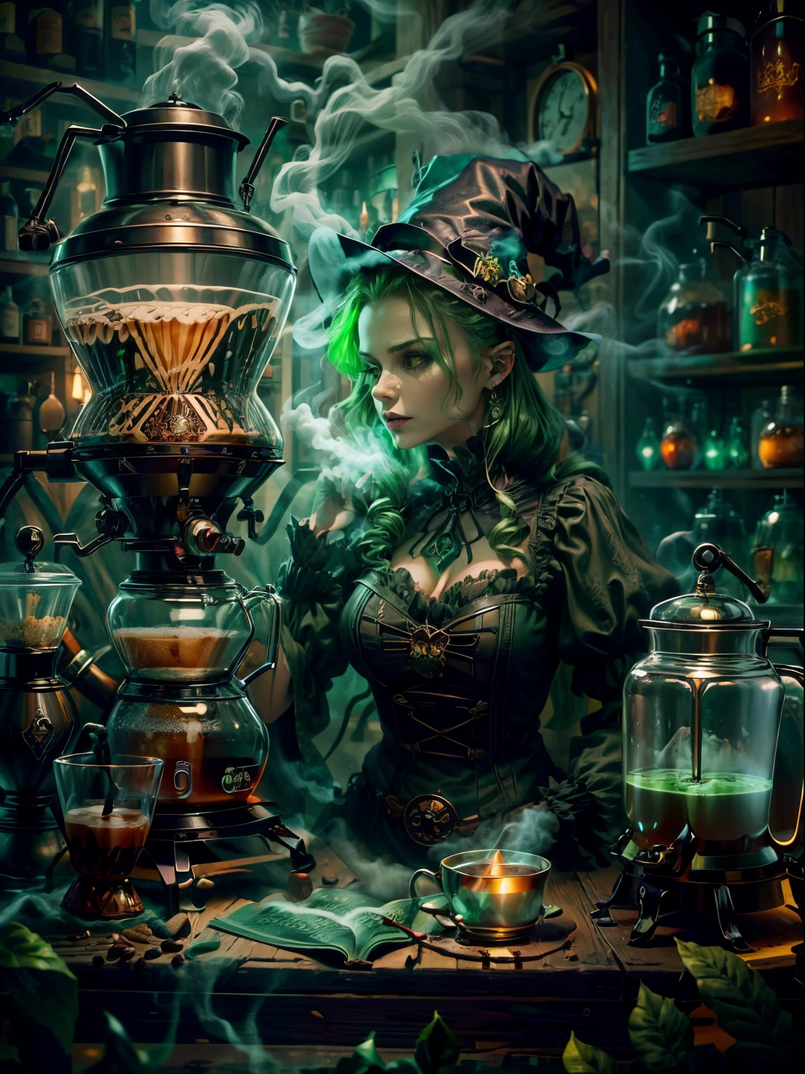 Weird and seductive witch in her alchemist&#39;s room, Perform alchemical magic with a steaming coffee maker filled with green glowing smoke, Eerie night background with full moon and window view, Dressed in traditional witch costume，((The weird and sinister coffee machine is filled with green liquid))，(UHD, masterpiece, ccurate, anatomically correct, textured skin, super detail, high details, high quality, award winning, best quality, 16k)