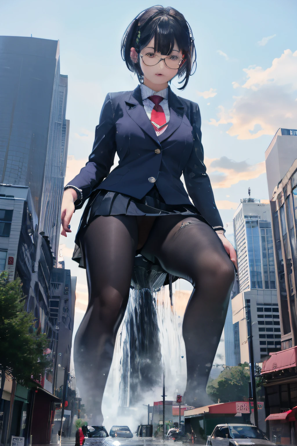 giantess art, a hyperrealistic schoolgirl, , highly detailed giantess shot, der riese, Shorthair, Black pantyhose, Giant high school girl that exceeds a skyscraper。Wearing rimless glasses。Colossal tits。Navy blue blazer、Red tie、Mini Length Skirt、Black pantyhose、Pantyhose sole、Pantyhose Toe、hands off shoes。very small metropolis。Pissing in a miniature metropolis。tsunami of urine。Small trains and cars are washed away with urine.。Full body depiction。der riese, Black pantyhose, Pantyhose legs, Pantyhose feet, ,Stomping City,crash city,Small town,micro city, Peeing,