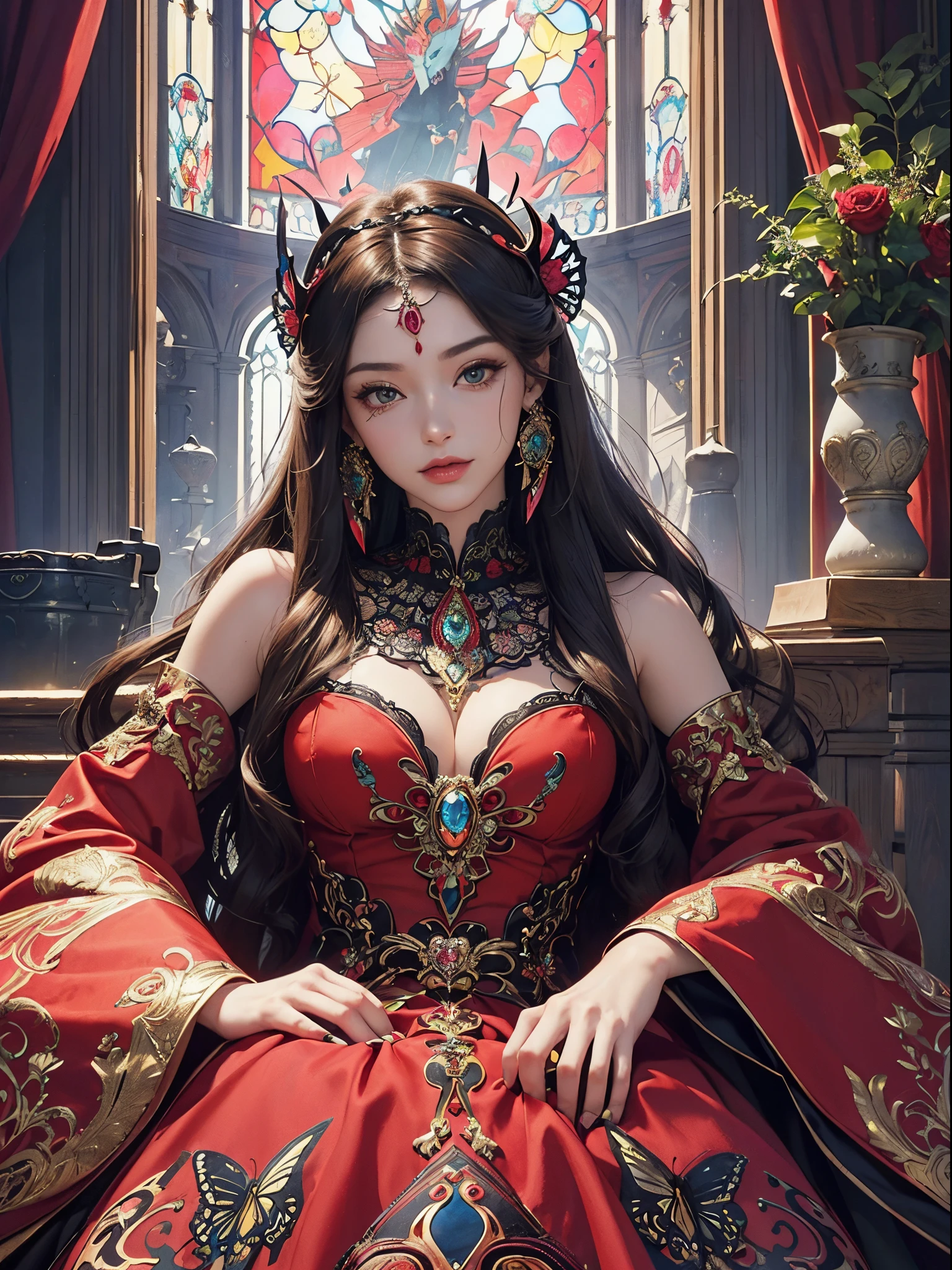 Butterfly motif、scarlet and black tones、Vibrant colors、((masterpiece)))、(((top-quality)))、((ultra-detailliert))、(A hyper-realistic)、(highly detailed CGillustration)、From the right side、Official art、Lucerne in the early 20th century、Red Window、Decadent、Madame Papillon、Cool Beauty、Masquerade、refinement、Elegance、Gorgeous、Masks that cover most of the face、Colorful and detailed mask design、matchless beauty、Fans、gorgeous dress、jewely、Perfect Angle、perfect-composition。full body Esbian