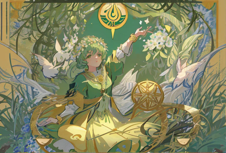 tmasterpiece、topquality、Alphonse Mucha、Jugendstil、 (Tarot card style:1.3)、Unique Tarot Card Structure, including floral and green elements、looking at the viewers、 In the middle of a green garden、Enjoy the sunshine, which illuminates flowering plants and ancient tarot symbols.、Dance with Unearthly Creatures。 roses、lily、Cherry trees、calamus、leaves、moss、vine、Elegant dresses, Inspired by nature、Necklace with flowers and leaves、耳环、circlet、A bracelet、hair ornaments、Butterflies、bird、bee、Tarot symbols, Reimagined with floral and green ornaments、godesses、Flower Garden、woods、Natural background, like a, For example, shore of the lake、Efficient use of light and shadow、 Realistic & Ультрареалистичный 3D、zentangle、Flock of birds