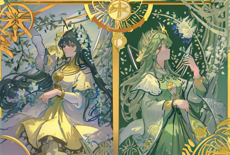 tmasterpiece、topquality、Alphonse Mucha、Jugendstil、 (Tarot card style:1.3)、Unique Tarot Card Structure, including floral and green elements、looking at the viewers、 In the middle of a green garden、Enjoy the sunshine, which illuminates flowering plants and ancient tarot symbols.、Dance with Unearthly Creatures。 roses、lily、Cherry trees、calamus、leaves、moss、vine、Elegant dresses, Inspired by nature、Necklace with flowers and leaves、耳环、circlet、A bracelet、hair ornaments、Butterflies、bird、bee、Tarot symbols, Reimagined with floral and green ornaments、godesses、Flower Garden、woods、Natural background, like a, For example, shore of the lake、Efficient use of light and shadow、 Realistic & Ультрареалистичный 3D、zentangle、Flock of birds