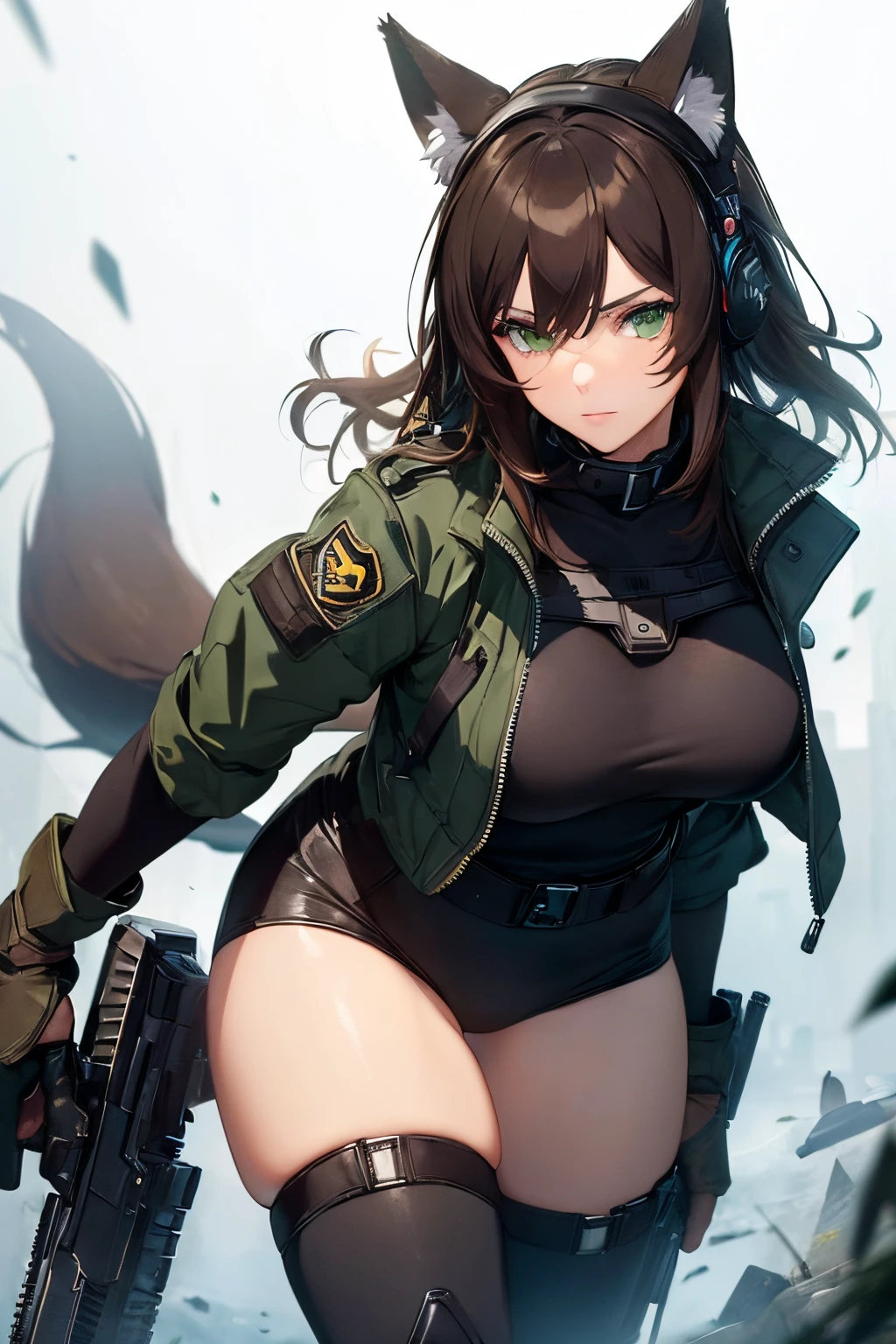 (Masterpiece: 1.5), (Best Quality: 1.5), (Perfect Face), 1 Woman, Mature Woman, Fox ears, Fox tail, green eyes, dark brown hair, big breasts, tactical gear, gun, spandex black shorts, tactical jacket, headset, gloves,