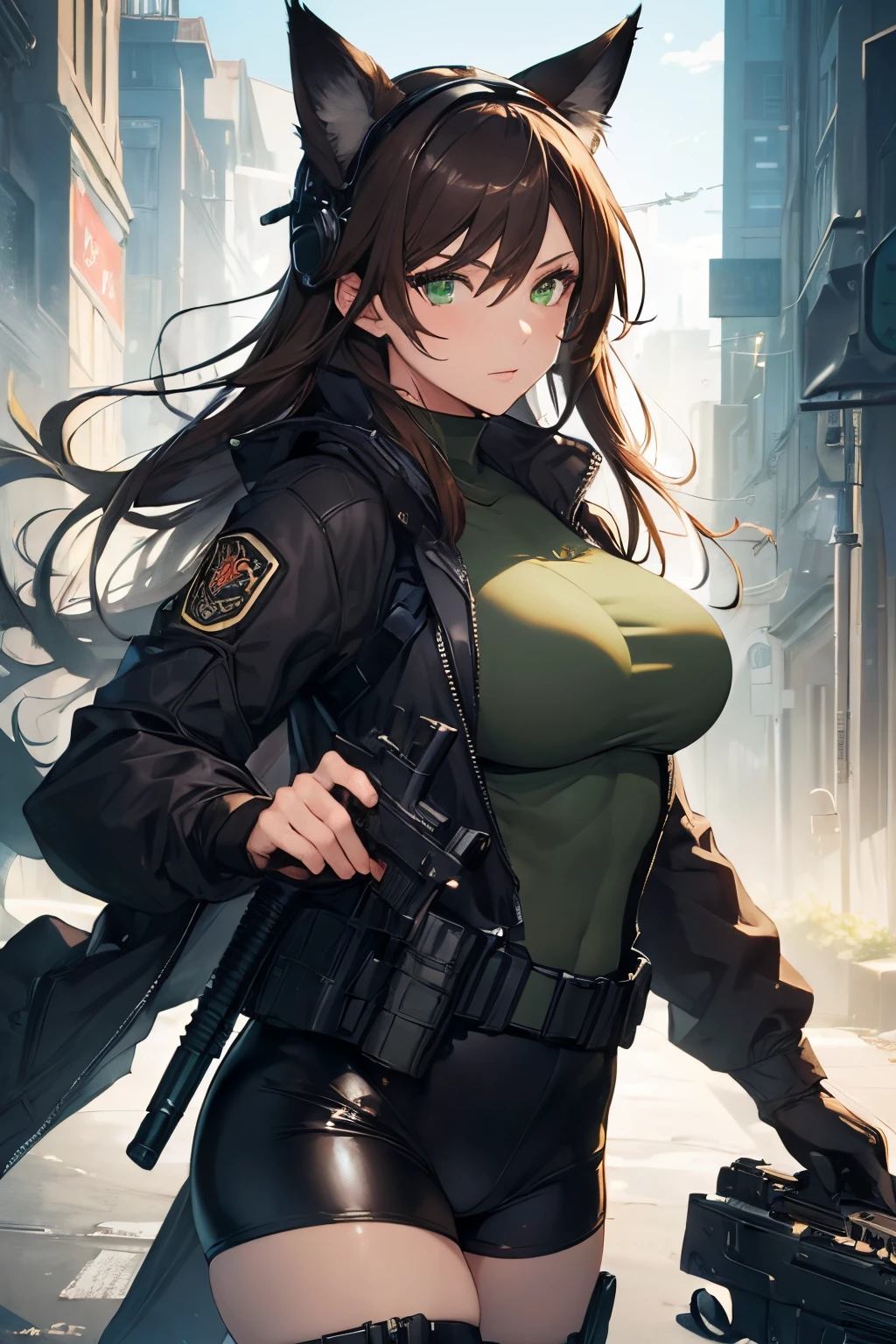 (Masterpiece: 1.5), (Best Quality: 1.5), (Perfect Face), 1 Woman, Mature Woman, Fox ears, Fox tail, green eyes, dark brown hair, big breasts, tactical gear, gun, spandex black shorts, tactical jacket, headset, gloves,