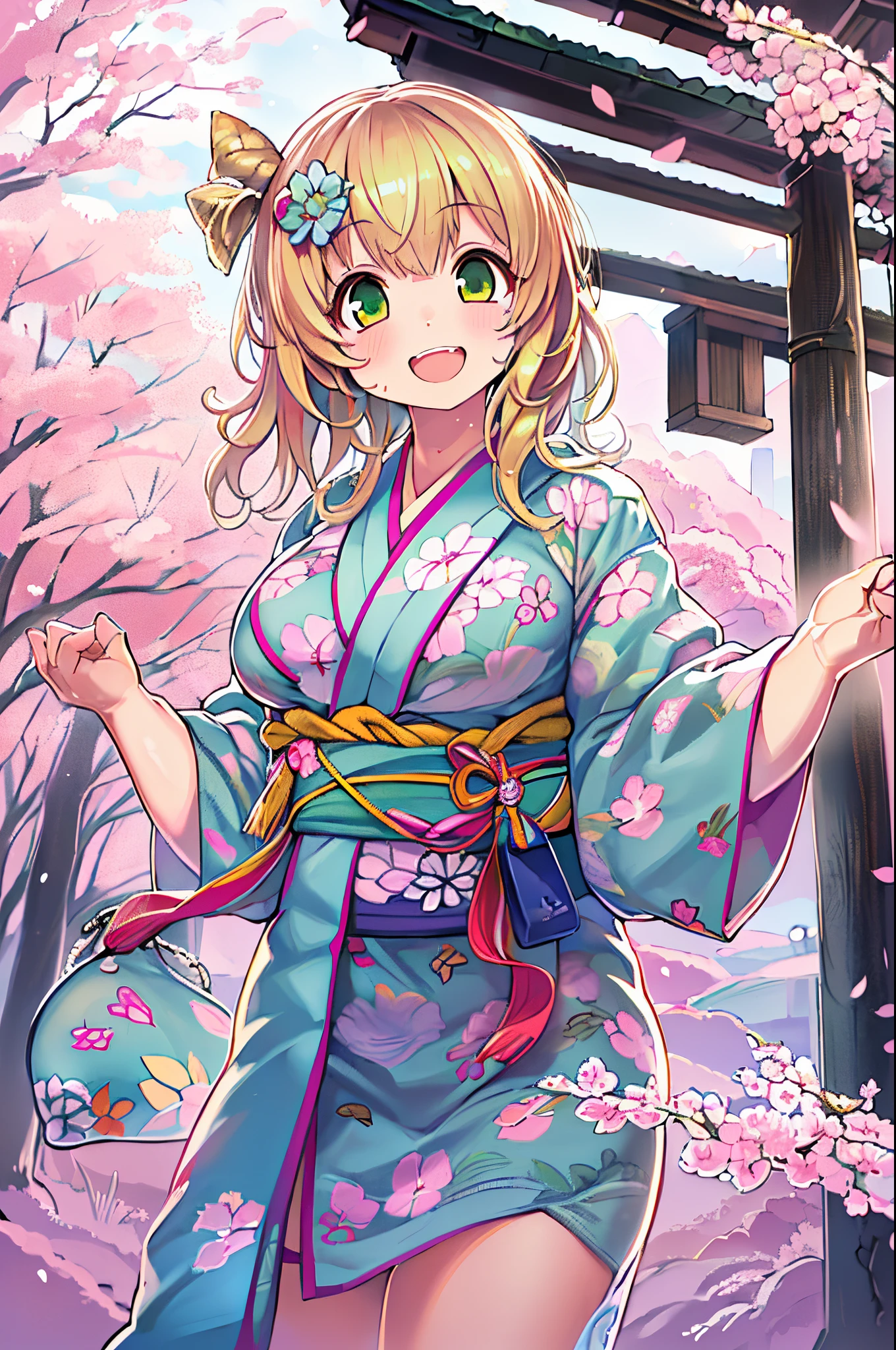 (((masutepiece: 1,5, Best Quality, High resolution, Super Resolution, ultra-detailliert: 1,2, Rich background: 1,4))), (close up), (1girl in), Solo, Green eyes, Blonde long hair tied with a blue ribbon, Hair Ornament, Blunt bangs, Smiling, hi-school girl, medium breasts, ((Hands in the air)), komono, (Blue short pattern kimono), Sandals, bow ribbon, Obi, ((plein air)), cherry blossom, (torii gate), stone stairs, skyporn (PM), Cherry blossoms fall, ((Dramatic light: 1,3)), cloudy, (Scenery of Fuji in the background)