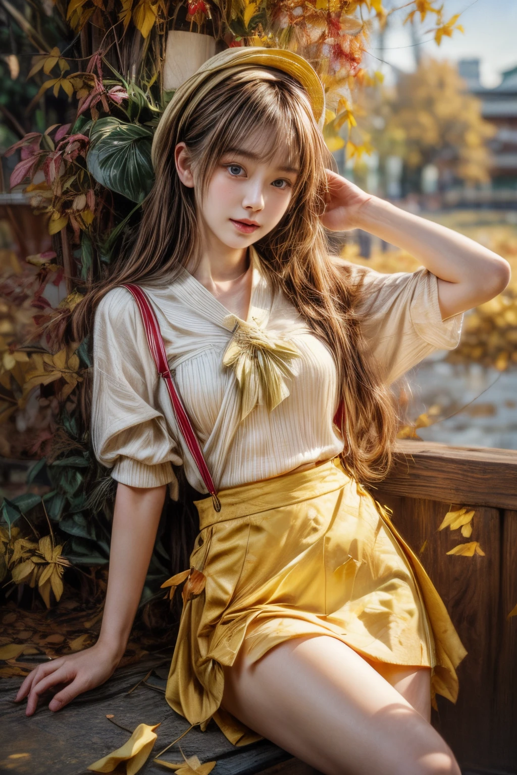 ​masterpiece、8K、32K、top-quality、(A detailed eye)、(A cute Japanese woman、bangss)、23years old、1 girl in、elegent、(Detailed background depiction、portlate:1.2)、(suspender mini skirt)、(yellow fallen leaves:1.3)、cowboy  shot、ssmile、(wide Shots)