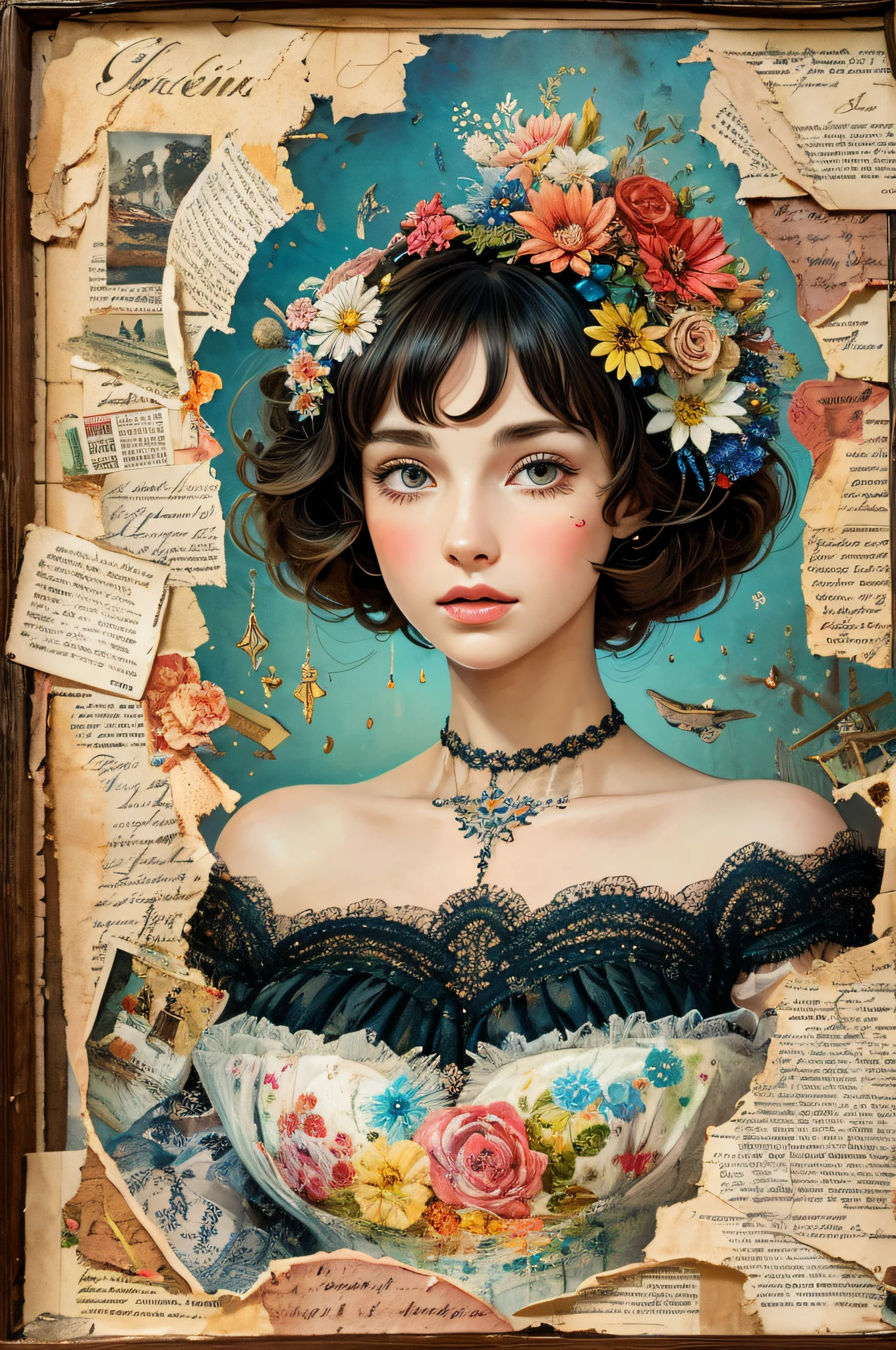 Super detailed alcohol ink painting of gorgeous girl, Made on top of a mixed-media masterpiece patchwork of stress-free vintage script paper, Ephemera, Torn cardboard, Vintage newspaper, Vintage sheet music, Wax Seal, Dress made of paper ruffles and life-size dainty lace, in the style of [Junk Journal, double exposure, Equal to the size of the body, Greg Simkins, Mark Davis, Oliver Jeffers, Andy Kehoe], Cinematic, Stunning, Highly detailed, 8K, dehazed