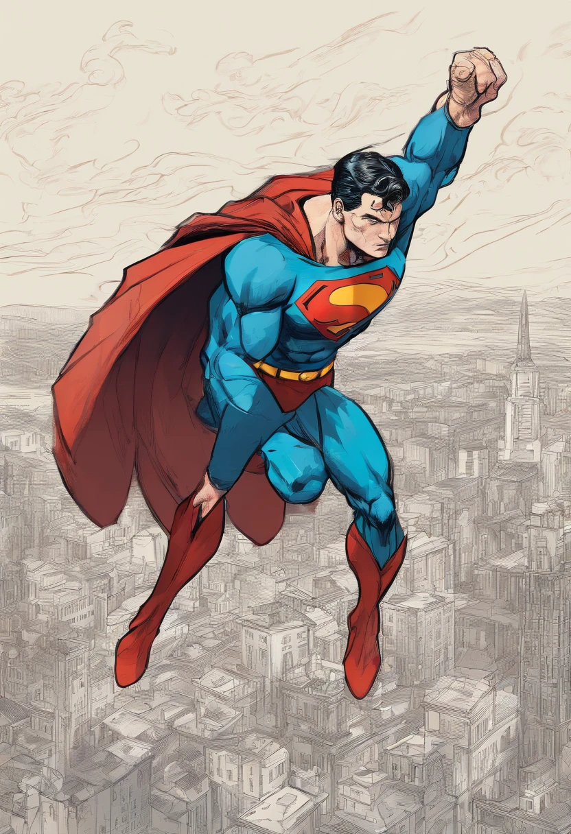 1girl,classic superhero,comic book art style,superman,muscular male,strong jawline,piercing blue eyes,short black hair,red cape,blue and red costume,flying pose,sky background,dramatic lighting,cinematic composition,detailed facial features,highly detailed,4k,8k,photorealistic,vibrant colors,dynamic action pose