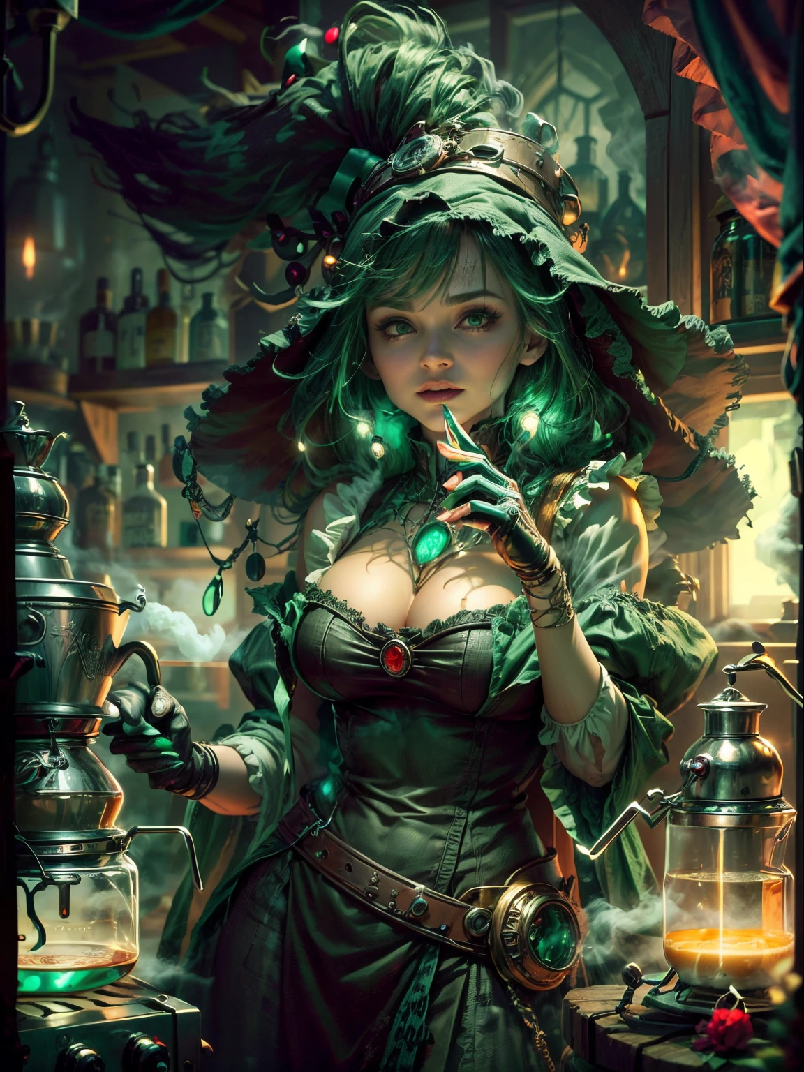 Weird and seductive witch in her alchemist&#39;s room, Perform alchemical magic with a steaming coffee maker filled with green glowing smoke, Eerie night background with full moon and window view, Dressed in traditional witch costume，((The weird and sinister coffee machine is filled with green liquid))，(UHD, masterpiece, ccurate, anatomically correct, textured skin, super detail, high details, high quality, award winning, best quality, 16k)