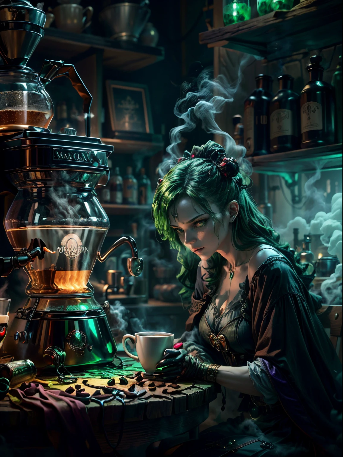 Weird and seductive witch in her alchemist&#39;s room, Perform alchemical magic with a steaming coffee maker filled with green glowing smoke, Eerie night background with full moon and window view, Dressed in traditional witch costume，((The weird and sinister coffee machine is filled with green liquid))，(UHD, masterpiece, ccurate, anatomically correct, textured skin, super detail, high details, high quality, award winning, best quality, 16k)