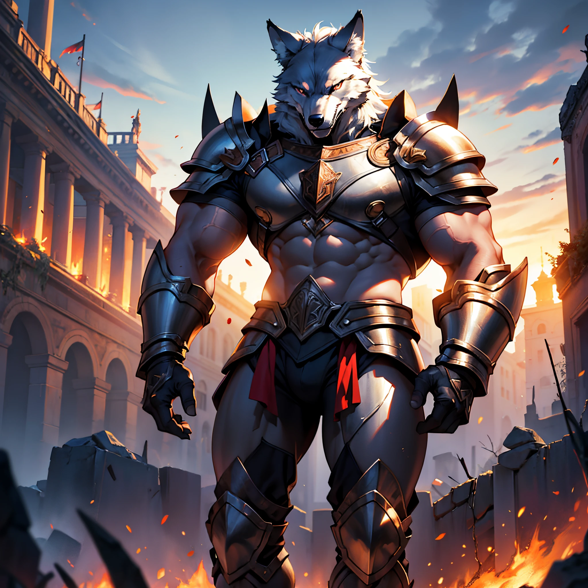 Mighty gladiator, Metal armor, Naked legs from thighs to feet, wolf mask, Detailed muscular physique, vivid description, 4k resolution. Background with: burning rome night, Best Quality, Masterpiece, super detaill, high detailed