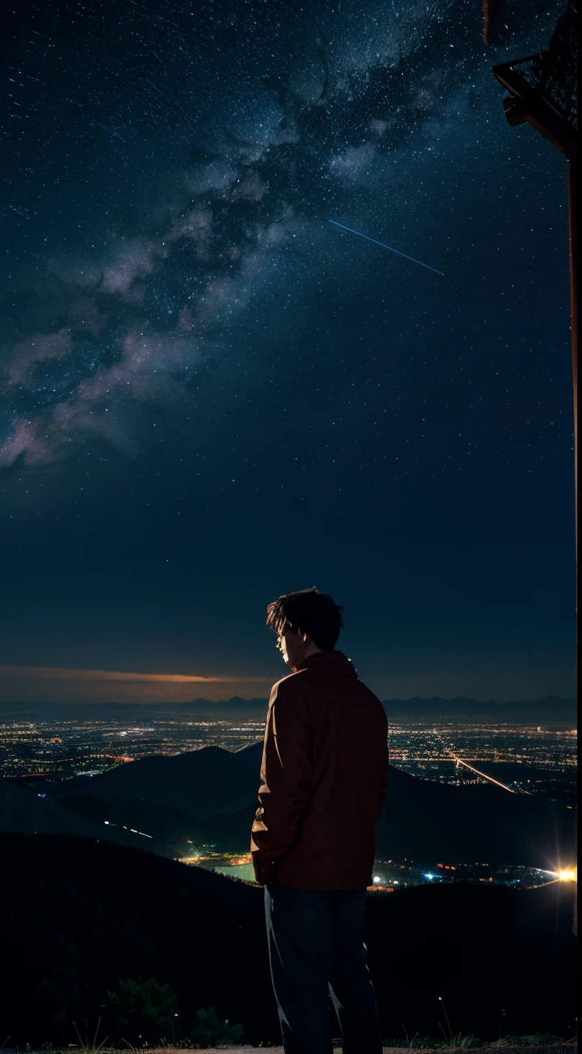 Anime cartoon image of a man standing and seeing the night stars sparkling and the mountains glowing brightly from the light of various colorful stars.