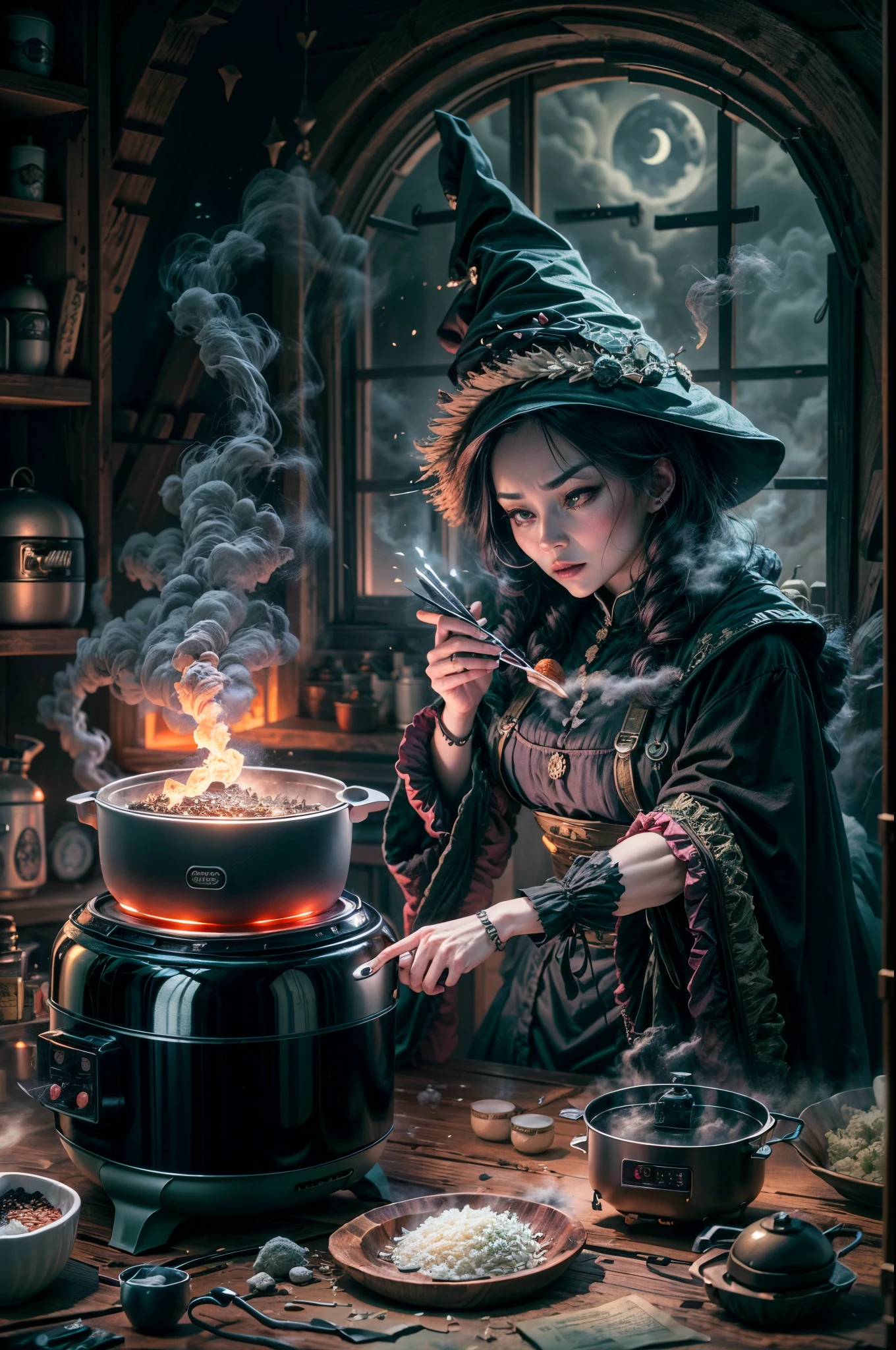 Beautiful witch in her alchemist room, Perform alchemical magic with a steaming rice cooker filled with green glowing smoke, Eerie night background with full moon and window view, Dressed in traditional witch costume，((Weird and evil rice cooker))