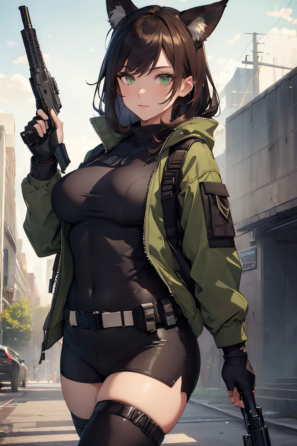 (Masterpiece: 1.5), (Best Quality: 1.5), (Perfect Face), 1 Woman, Mature Woman, Fox ears, Fox tail, green eyes, dark brown hair, big breasts, tactical gear, gun, spandex black shorts, tactical jacket, headset, gloves,