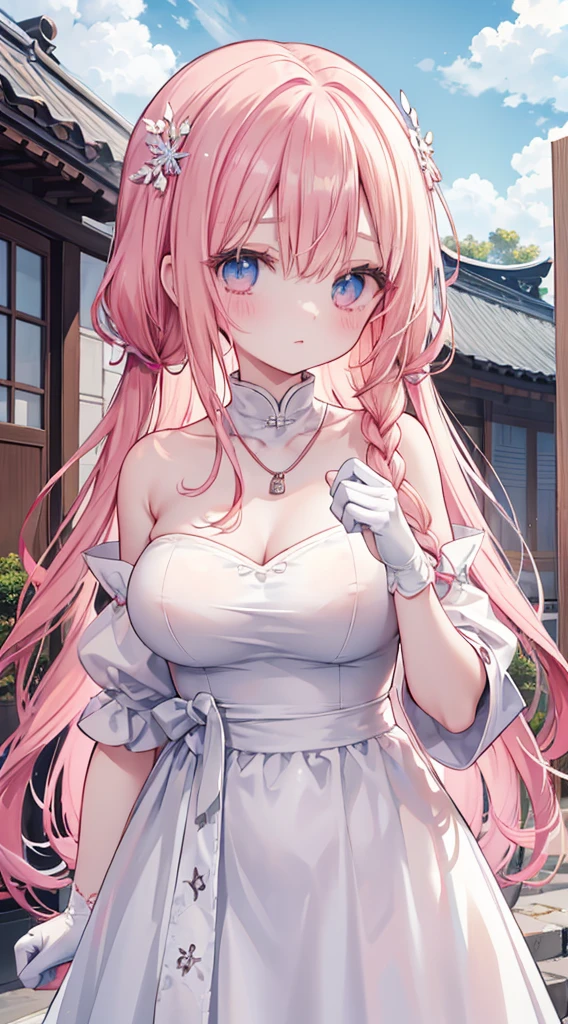 1人、length hair、breastsout、looking at viewert、red blush、bangss、blue eyess、blonde  hair、hair adornments、gloves、doress、hairs between eyes、bare shoulders​、Pedras preciosas、爆乳、Too large breasts、Braids、耳环、outside of house、天空 , solofocus, think back, white glove, a necklace, robe blanche, Strapless, natta, hair wavy, tiarra, 皇冠, nigh sky, straplessdress, brilliance, snowflake, snowflake hair ornament