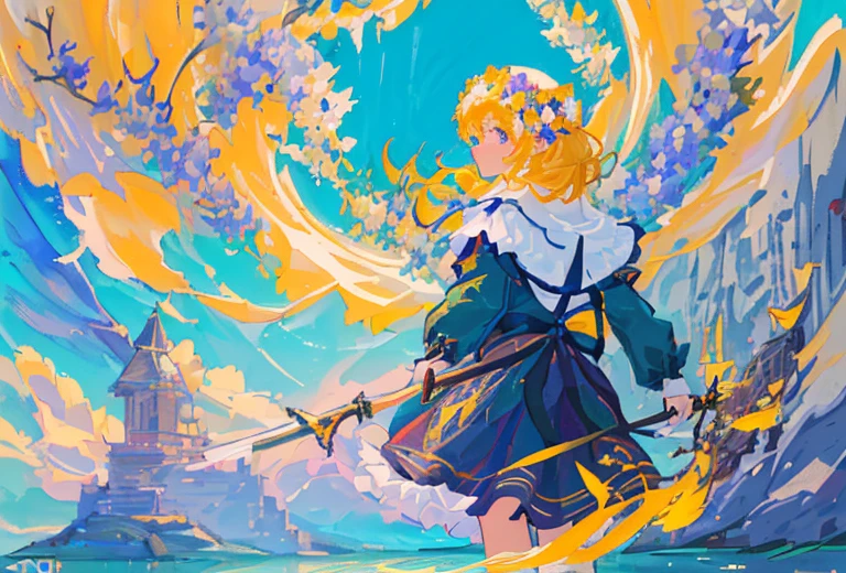 (Masterpiece, Top Quality, Best Quality, beautiful and aesthetic:1.2), (1girl:1.3), extremely detail, (Colorful:1.1), (Colorful Background1:1), (#30B3FF:1.5), (#FA52F4:1.1), highest detail, arma, holding weapon, (Glowing Weapons), Detailed background, water:1.2, Flowers:1.2, Masterpiece, 8K, Flock of birds, birds,