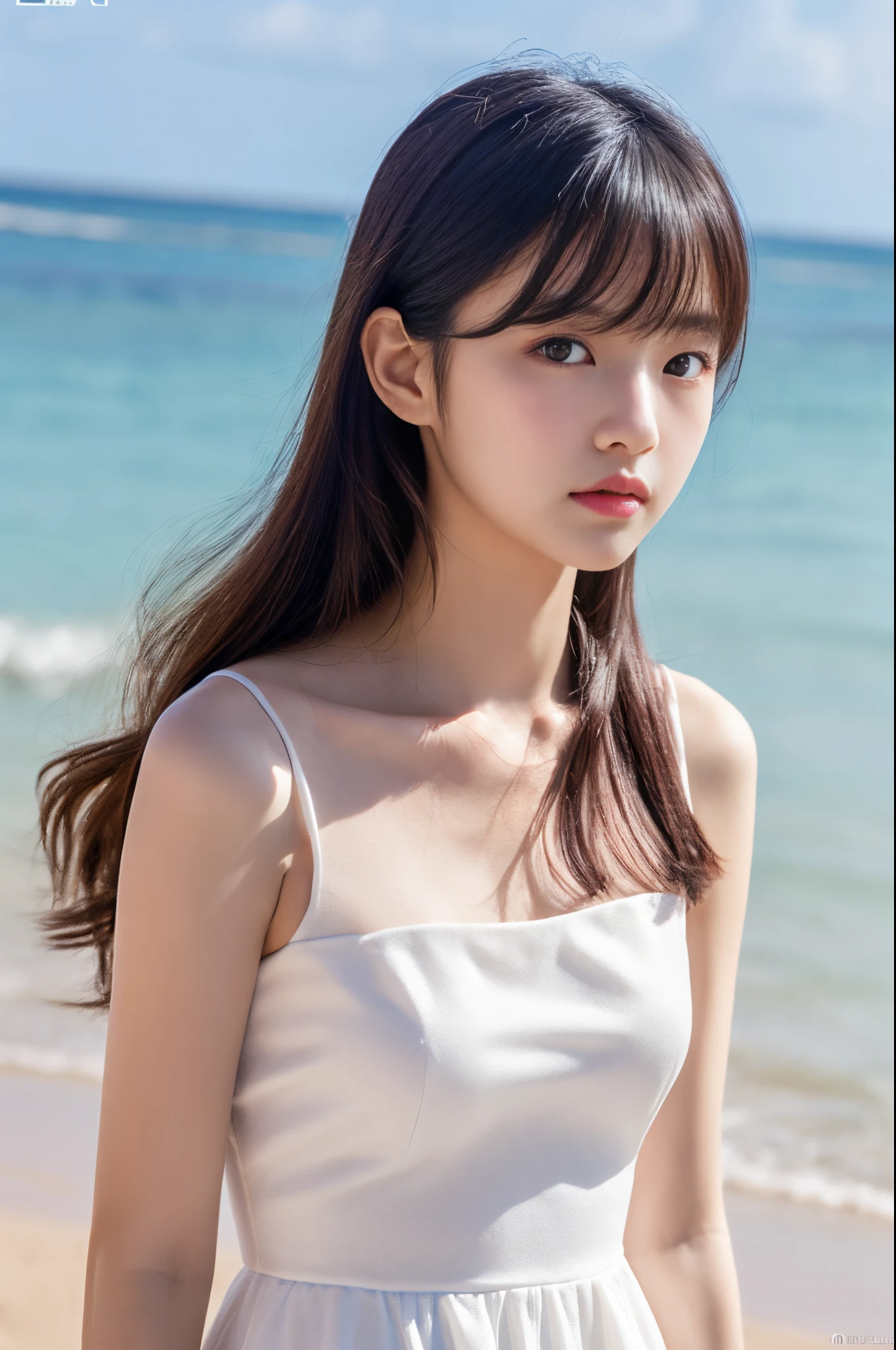 ulzzang -6500-v1.1, (Raw photo:1.2), (Photorealsitic), (Best Quality, masutepiece), 1girl in,hight resolution,  High quality,  masutepiece, MXMK White Dress,  straplessdress、Bare shoulder, Purple eyes, White Dress, shock, Beach