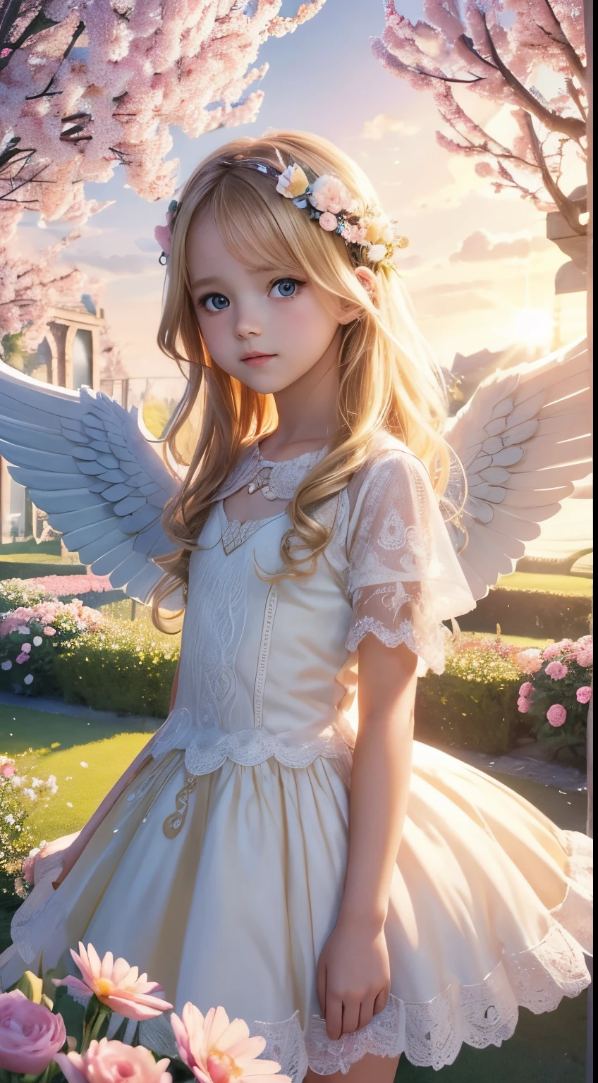 (girl with wings on her back,8ars old,a blond,Adorable,Looking at the front)Illustration,Ultra-detailed,hight resolution,(Best Quality,4K,8K,hight resolution,masutepiece:1.2),Realistic,Beautiful detailed eyes,Beautiful detailed lips,long eyelashes,Angelic face,child-like innocence,Cute dress,soft and fluffy wings,Peaceful gardens,warm sunlight,Soft colors,vivid flowers,spring atmosphere,Faint smile,magic scenes,Vivid colors,Professional Lighting,Facing the front