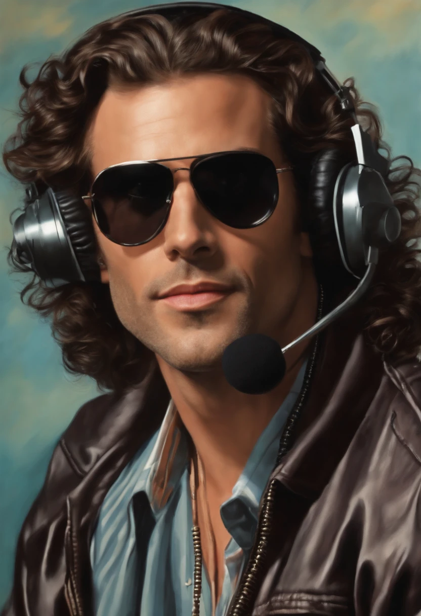 The image is of the character dressed up as a 90s shock jock, sitting behind a radio microphone with headphones on, engaging in a lively and controversial on-air conversation.,original,Howard in the 1990s, the renowned radio personality, was known for his distinctive, long curly hair that fell past his shoulders, often paired with dark sunglasses, projecting a rock star-like image. His tall, slender frame was typically clad in casual, yet stylish attire, reflecting his nonconformist attitude and presence in the entertainment world.