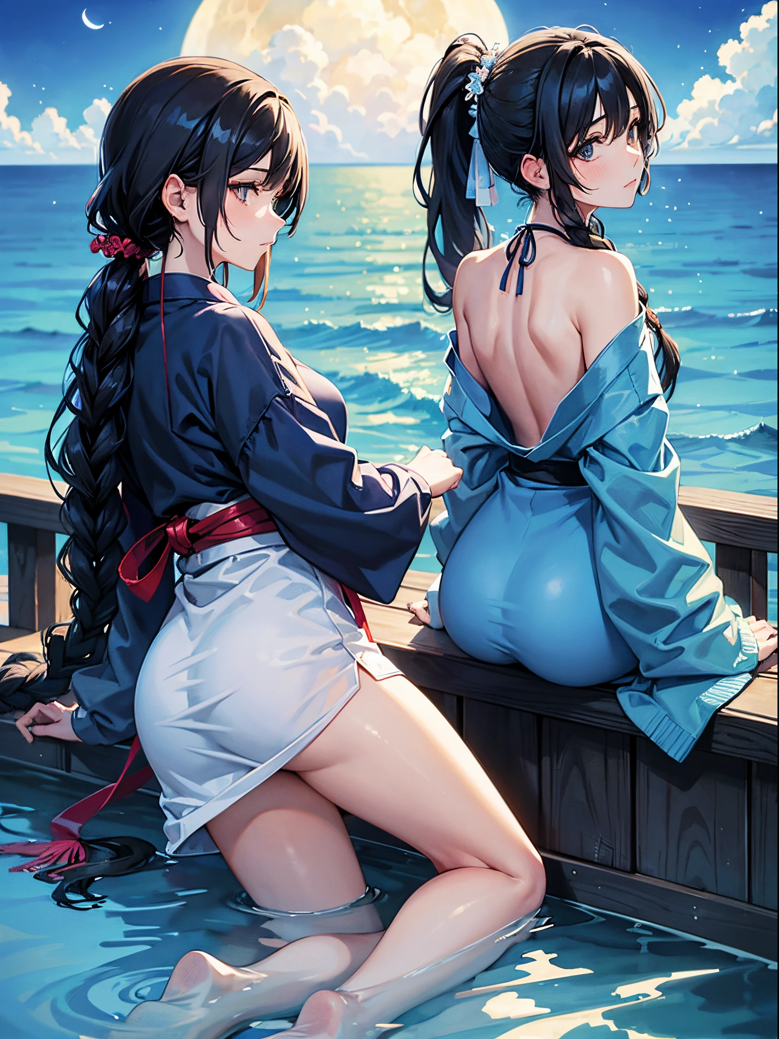 1 beautiful woman,blue sweater,lower eyes,long hair,ponytail,braided hair,black hair,black eyes,from behind,sky,sunlight,cloud,night,moon,ocean,fantasy,sorrow,watercolor painting,Impressionism,masterpiece, extremely fine and beautiful,Japanese