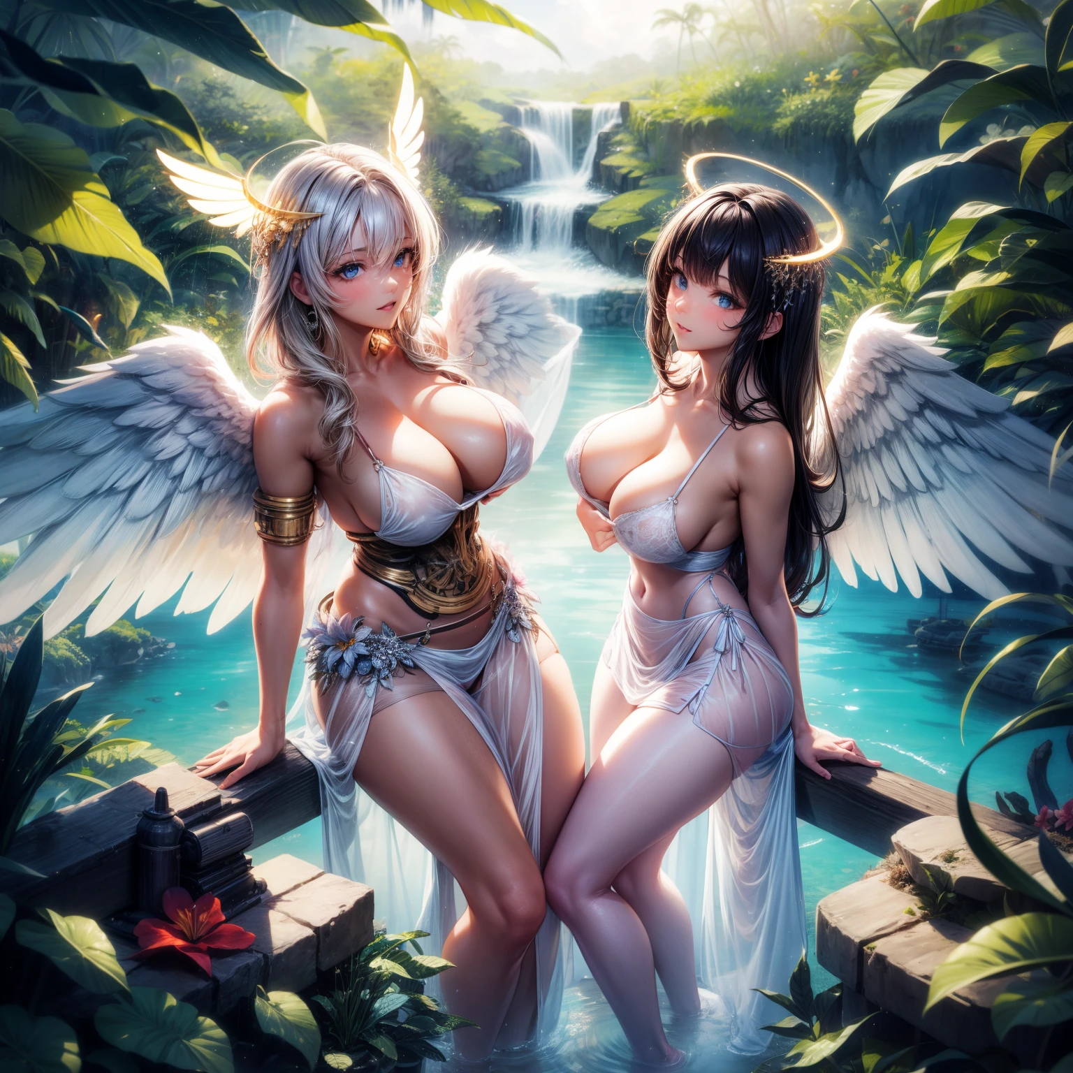 (8K ,hyper-detailing,ultra real photo,Best masterpiece,natural,Perfect artwork,Perfect female body),Two cute busty girls ,Hair color,(Big tits),Angelic,Sankta,obsessed,the angel's wings,The halo,Angel is coming,tropical garden,Beautiful garden,Gorgeous accessories,Mechanical wings,golden brilliance,Wearing a see-through sexy gauze skirt,Sexy transparent dress,ssee-through,Built-in thong,The cracks are relatively large,stretch the meat,Raised sexy,Flirtatious,obscene exposure ,Full body photo