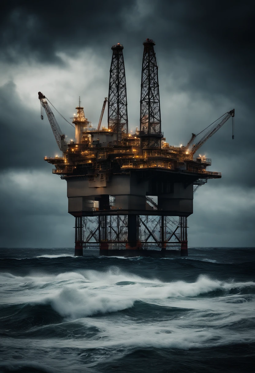 A high-resolution image of an oil platform towering above the stormy sea, with dark clouds and crashing waves in the background, creating a visually dramatic and intense scene.