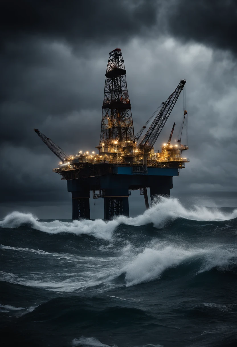 A high-resolution image of an oil platform towering above the stormy sea, with dark clouds and crashing waves in the background, creating a visually dramatic and intense scene.