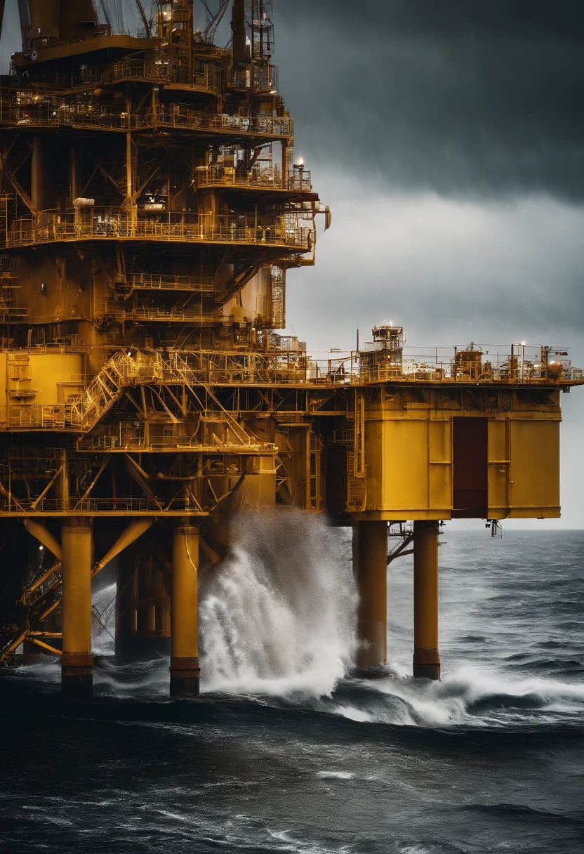 A close-up shot of an oil platform in a stormy sea, with rain pouring down and splashing against the metal structure, capturing the raw power and elements of nature, creating a visually dynamic and immersive image.