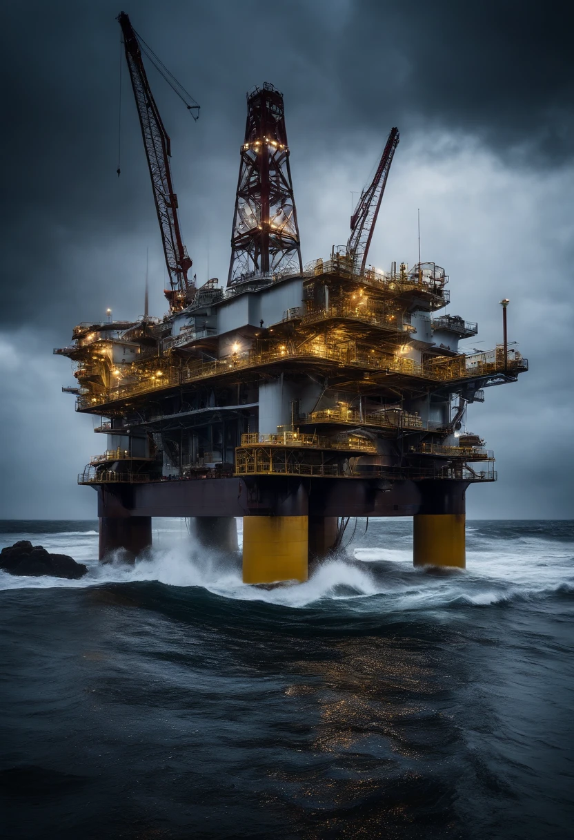 A close-up shot of an oil platform in a stormy sea, with rain pouring down and splashing against the metal structure, capturing the raw power and elements of nature, creating a visually dynamic and immersive image.