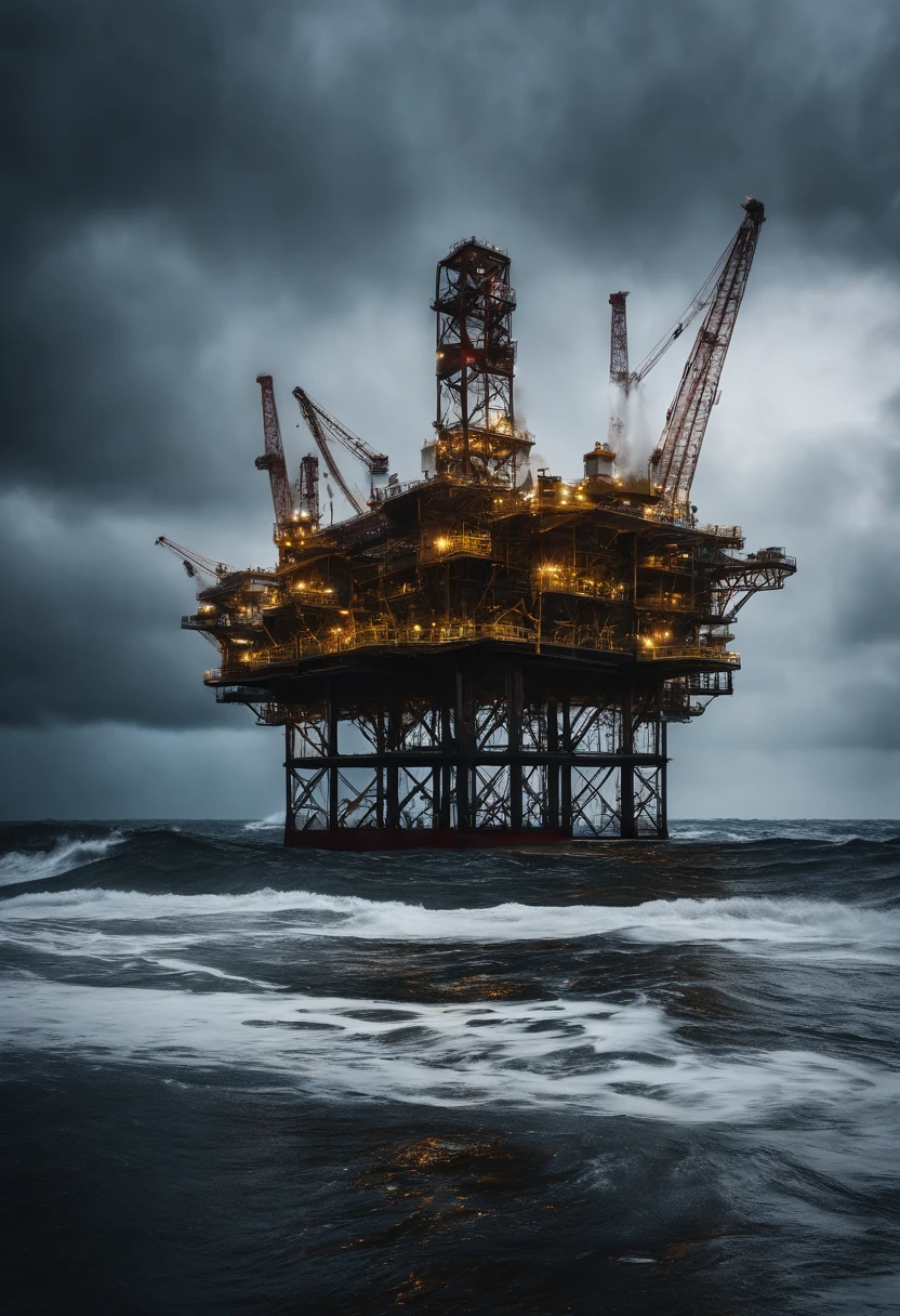 A close-up shot of an oil platform in a stormy sea, with rain pouring down and splashing against the metal structure, capturing the raw power and elements of nature, creating a visually dynamic and immersive image.