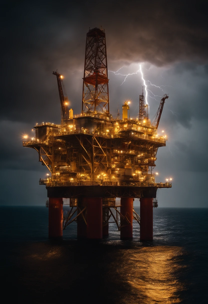A visually stunning composition of an oil platform illuminated by lightning strikes, with the bolts of lightning illuminating the structure and creating a visually striking and electrifying image.