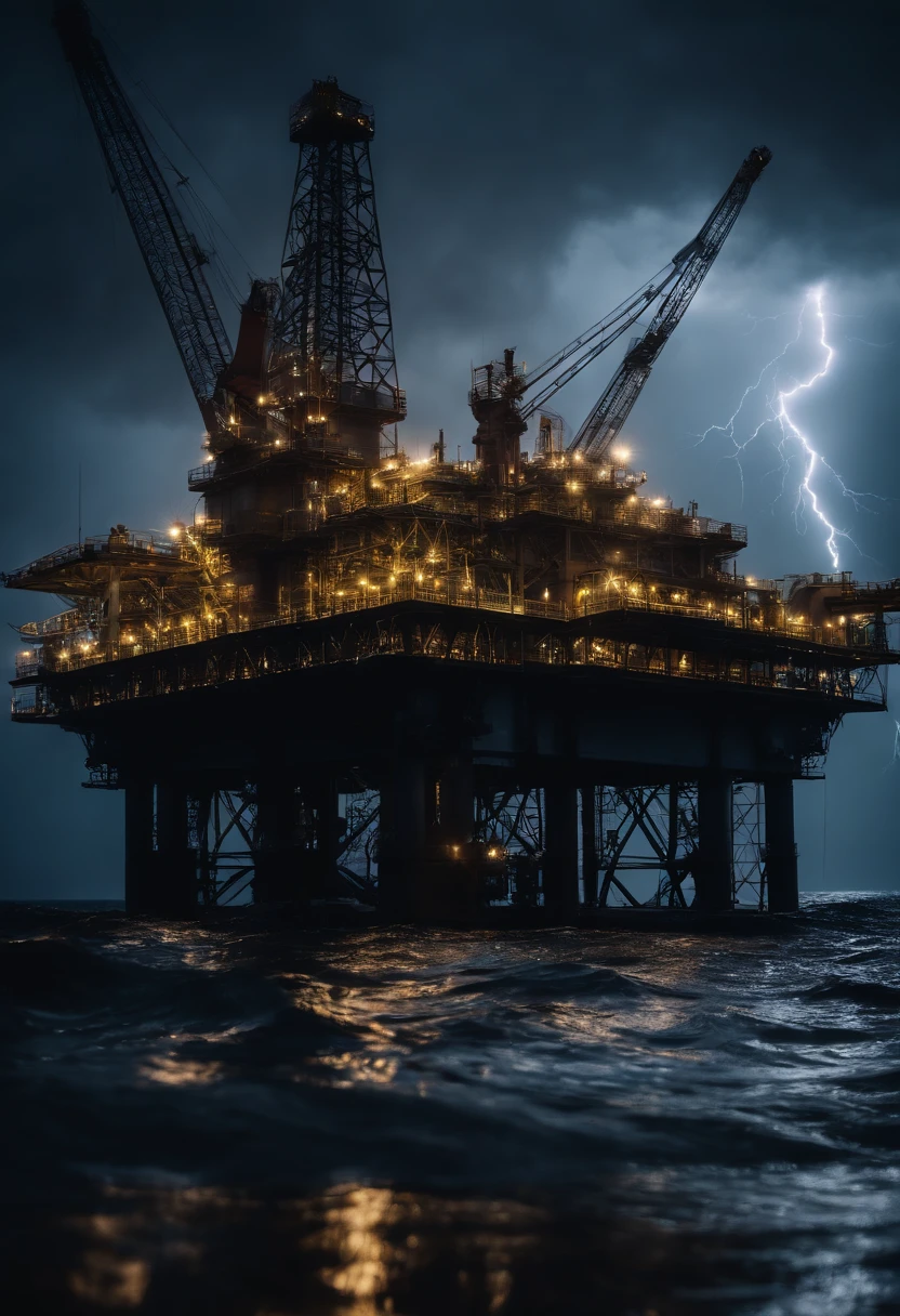 A visually stunning composition of an oil platform illuminated by lightning strikes, with the bolts of lightning illuminating the structure and creating a visually striking and electrifying image.