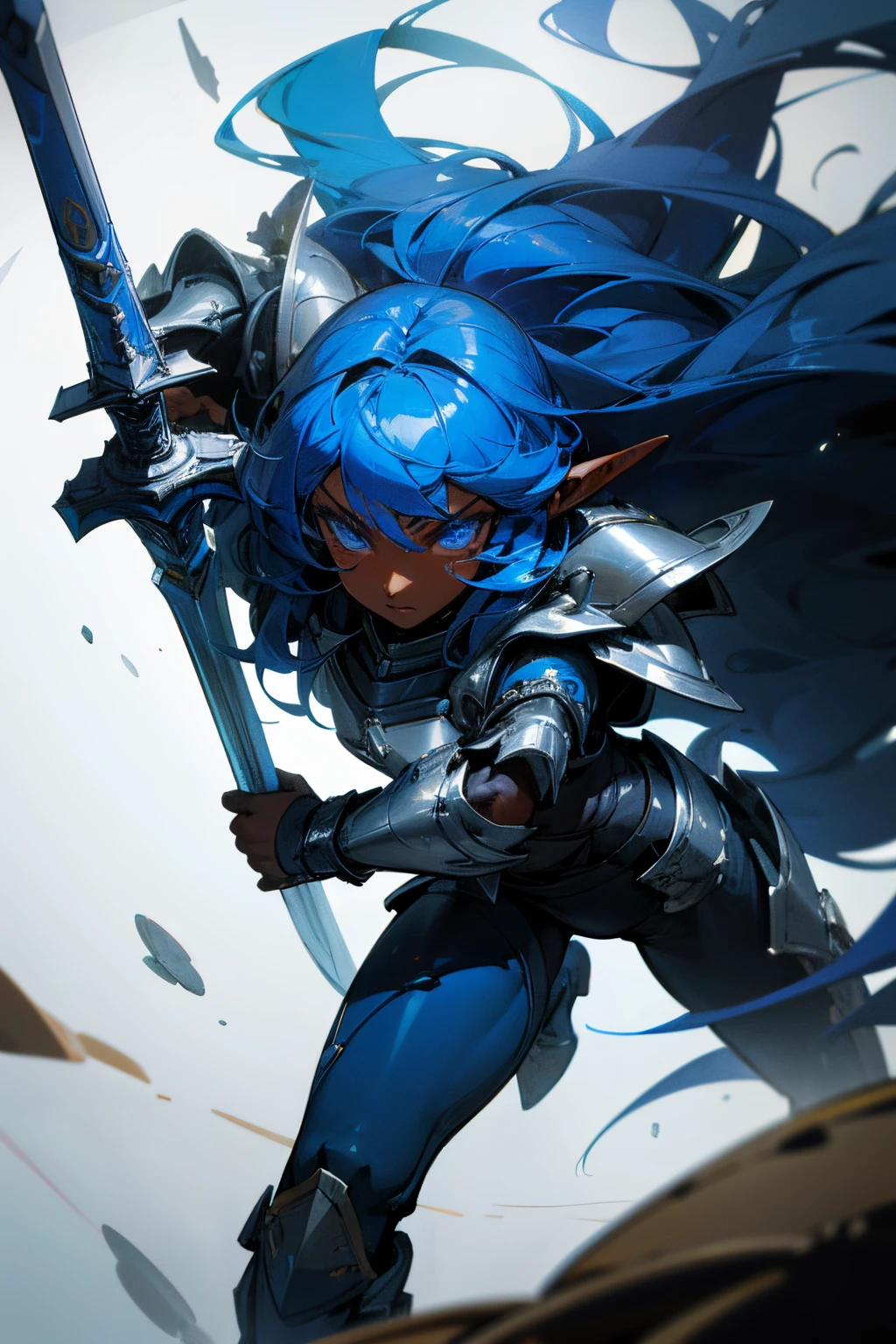 (((Masterpiece, highest quality, high definition, high detail))), (Dark skin elf), (Dark elf) , 4k, highly detailed, anime style, HDR, subsurface scattering, Bright blue lights, blue children, bright details, 1 girl , strong, muscular, navy blue hair, Bright wavy hair, Bright hair, long hair, long Bright hair, navy blue eyes, Bright eyes, great sword, sword in hand, a tomboy girl, pretty face, closed clothing, leather pants, battle armor, paladin, crusader.