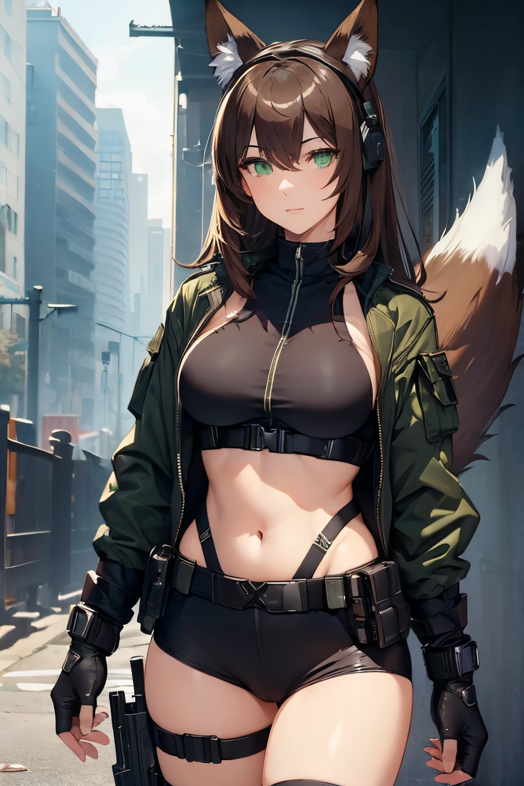 (Masterpiece: 1.5), (Best Quality: 1.5), (Perfect Eyes), (Perfect Face), 1 Woman, Mature Woman, Fox ears, Fox tail, green eyes, dark brown hair, big breasts, tactical gear, gun, spandex black shorts, tactical jacket, headset, gloves,