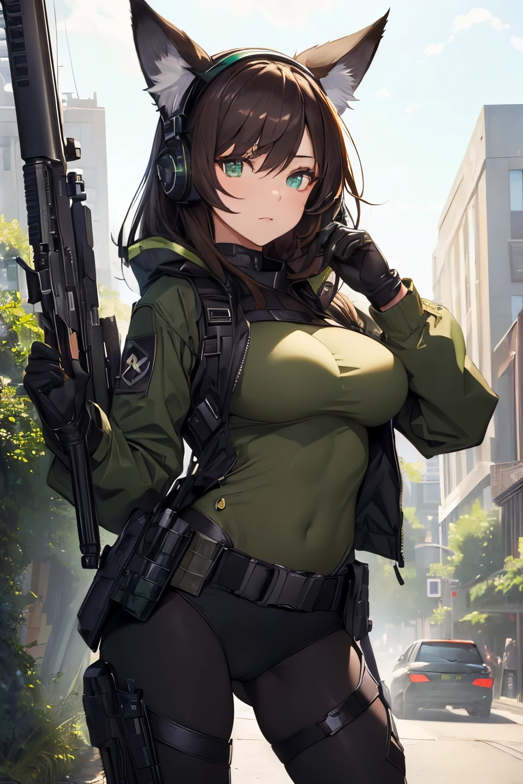 (Masterpiece: 1.5), (Best Quality: 1.5), (Perfect Eyes), (Perfect Face), 1 Woman, Mature Woman, Fox ears, Fox tail, green eyes, dark brown hair, big breasts, tactical gear, gun, spandex black shorts, tactical jacket, headset, gloves,