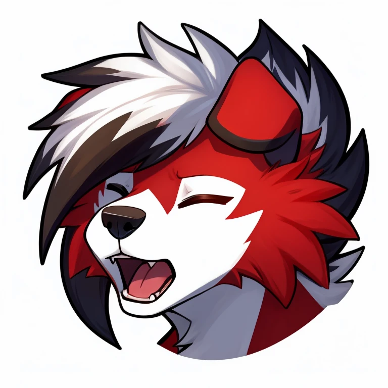 anthropomorphic, male, midnight Lycanroc, red eyes, detailed eyes, fluffy, tired, yawning, eyes closed, headshot, sticker, white background