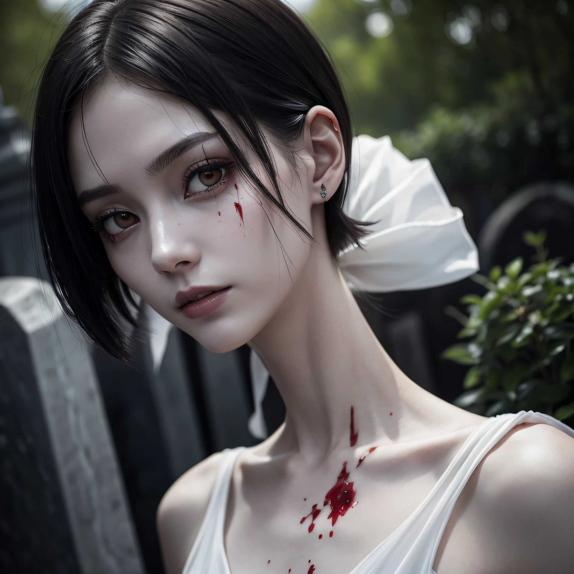 corpse, sinister, female, thin, pale, looking at the camera, ultra realistic, fully detailed, cemetery environment, bright eyes, white dress torn and stained with blood, bones exposed, putrid wounds, sensual, terrifying, bruised by the body, exposed fracture in the collarbone, slight smile, super detailed, white eyes,gun shots in the body, short hair,