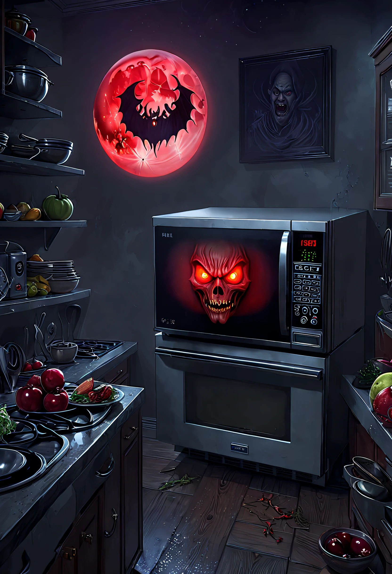 (tmasterpiece),（ultra - detailed：1.3），Best quality at best，（Sparkling:1.2），（A weird magic kitchen:1.4），(Weird and evil kitchen microwaves: 1.5),（red full moon），evil kitchen appliances，Refrigerator、microwave oven、Blenders and other appliances will form an eerie ghostly image，Looks like a ghost with a soul, Other decorations, A weird world, Thriller horror design style, natta，moon full，without humans，vivd colour，Dark and damp，1.4x realism，hyper HD，Everything is displayed in this beautiful scene，（The content is very detailed，Reasonable design，Clear lines，High- sharpness，tmasterpiece，offcial art，movie light effect，8K）