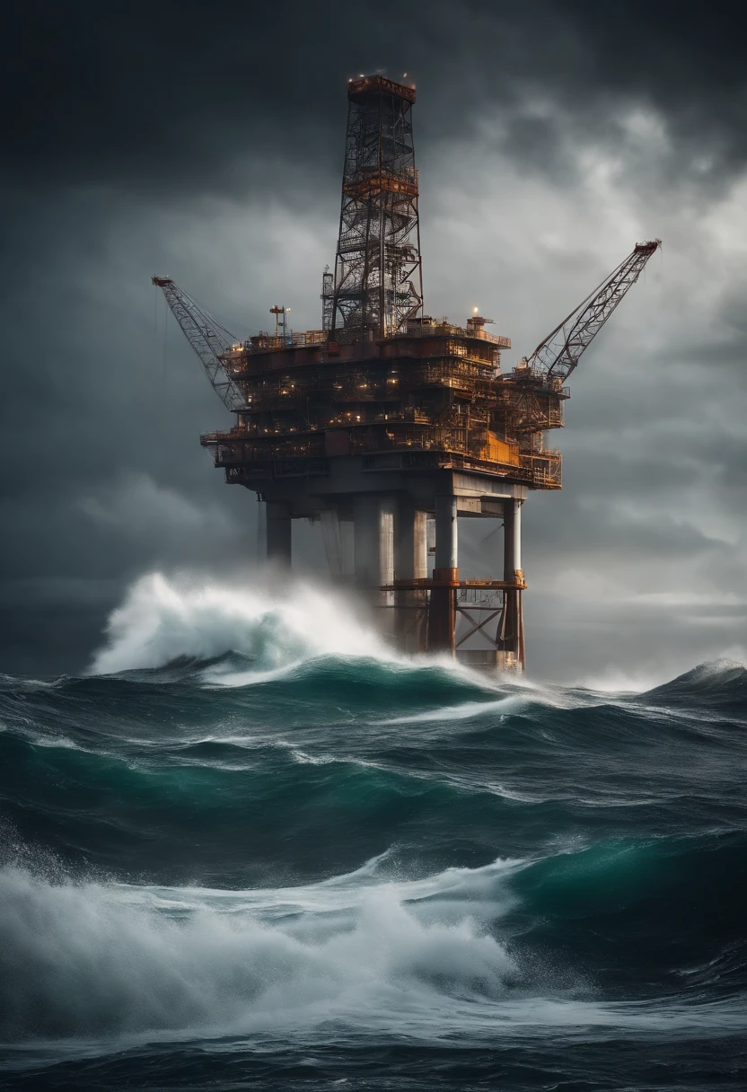 A high-resolution image of an oil platform in a stormy sea, with powerful waves crashing against the structure and creating a visually turbulent and chaotic scene.