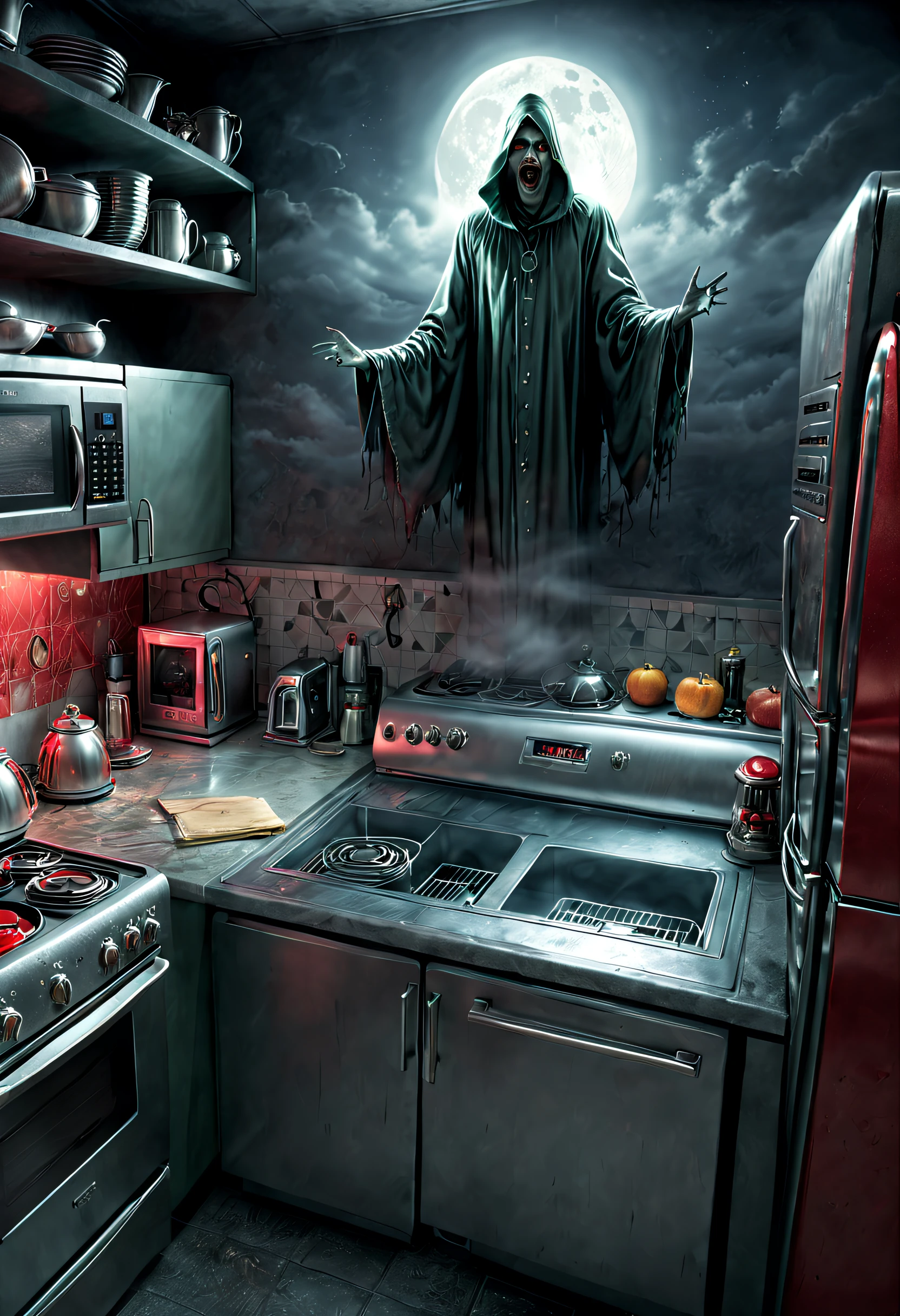 (tmasterpiece),（ultra - detailed：1.3），Best quality at best，（Sparkling:1.2），（A weird magic kitchen:1.4），(Weird and evil kitchen appliances: 1.5),（red full moon），evil kitchen appliances，Refrigerator、microwave oven、Blenders and other appliances will form an eerie ghostly image，Looks like a ghost with a soul, Other decorations, A weird world, Thriller horror design style, natta，moon full，without humans，vivd colour，Dark and damp，1.4x realism，hyper HD，Everything is displayed in this beautiful scene，（The content is very detailed，Reasonable design，Clear lines，High- sharpness，tmasterpiece，offcial art，movie light effect，8K）, gloomy