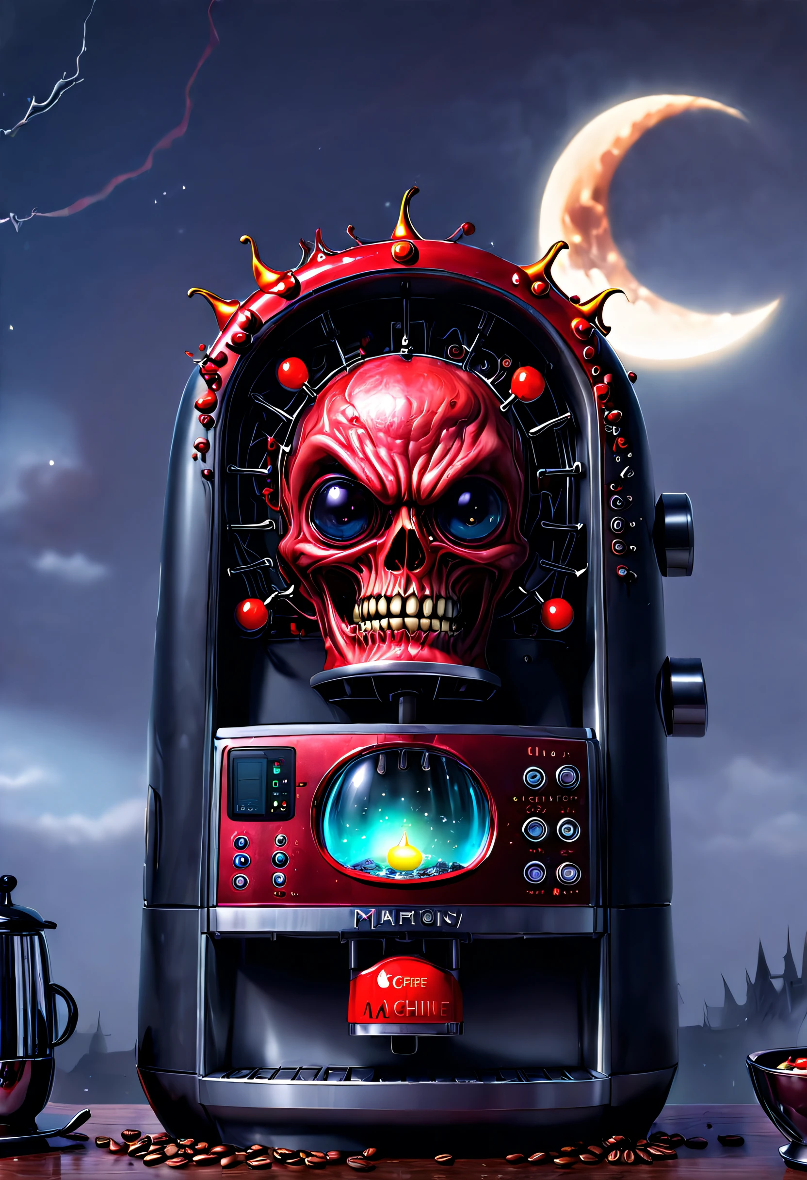 (tmasterpiece),(ultra - detailed:1.3),Best quality at best,(Sparkling:1.2),(A weird world:1.4),(Weird and evil coffee machine: 1.5),(red full moon),evil kitchen utensils,Refrigerator、microwave oven、Blenders and other appliances will get a new look,Looks like a ghost with a soul, Other decorations, A weird world, Thriller horror design style, natta,sky sky,moon full,without humans,vivd colour,bright,1.Realism increased by 4 times,hyper HD,Everything is displayed in this beautiful scene,(The content is very detailed,Reasonable design,Clear lines,High- sharpness,tmasterpiece,offcial art,movie light effect,8K)