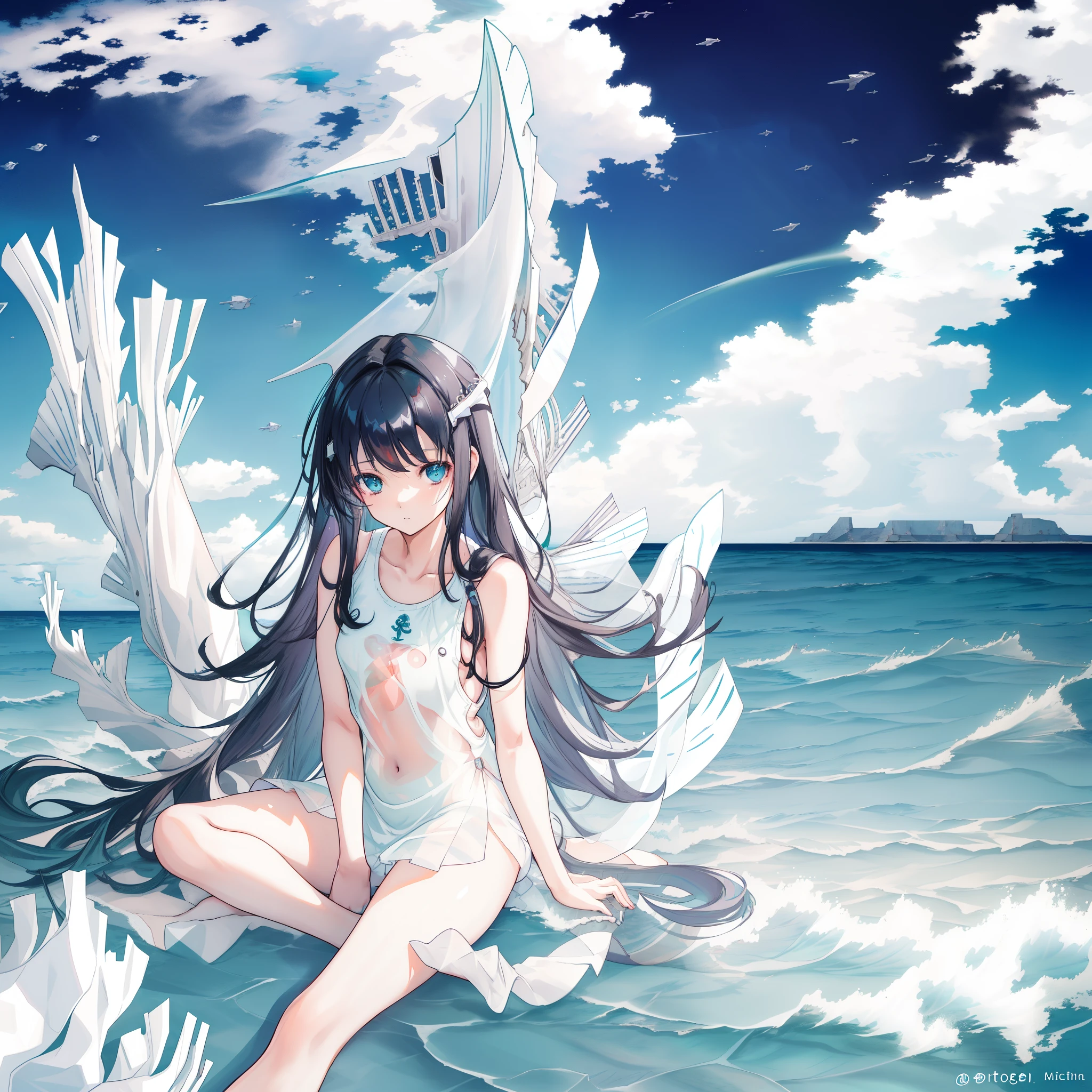 A black haired anime  girl, (((sitting in an endless view of an (ocean:1.4)))), cinematic light, slim body, skin is perfectly white, soft, and smooth, Extremely delicate and beautiful CG illustration, best quality, high resolution, dynamic angle, full-length lens, (1 girl), floating, soft light, high-key lighting), glowing light, blue halo, blue crystal, (((wearing nothing but a white (pure:1.3) (transparent) tank top))), (cinematic sunlight), barefoot